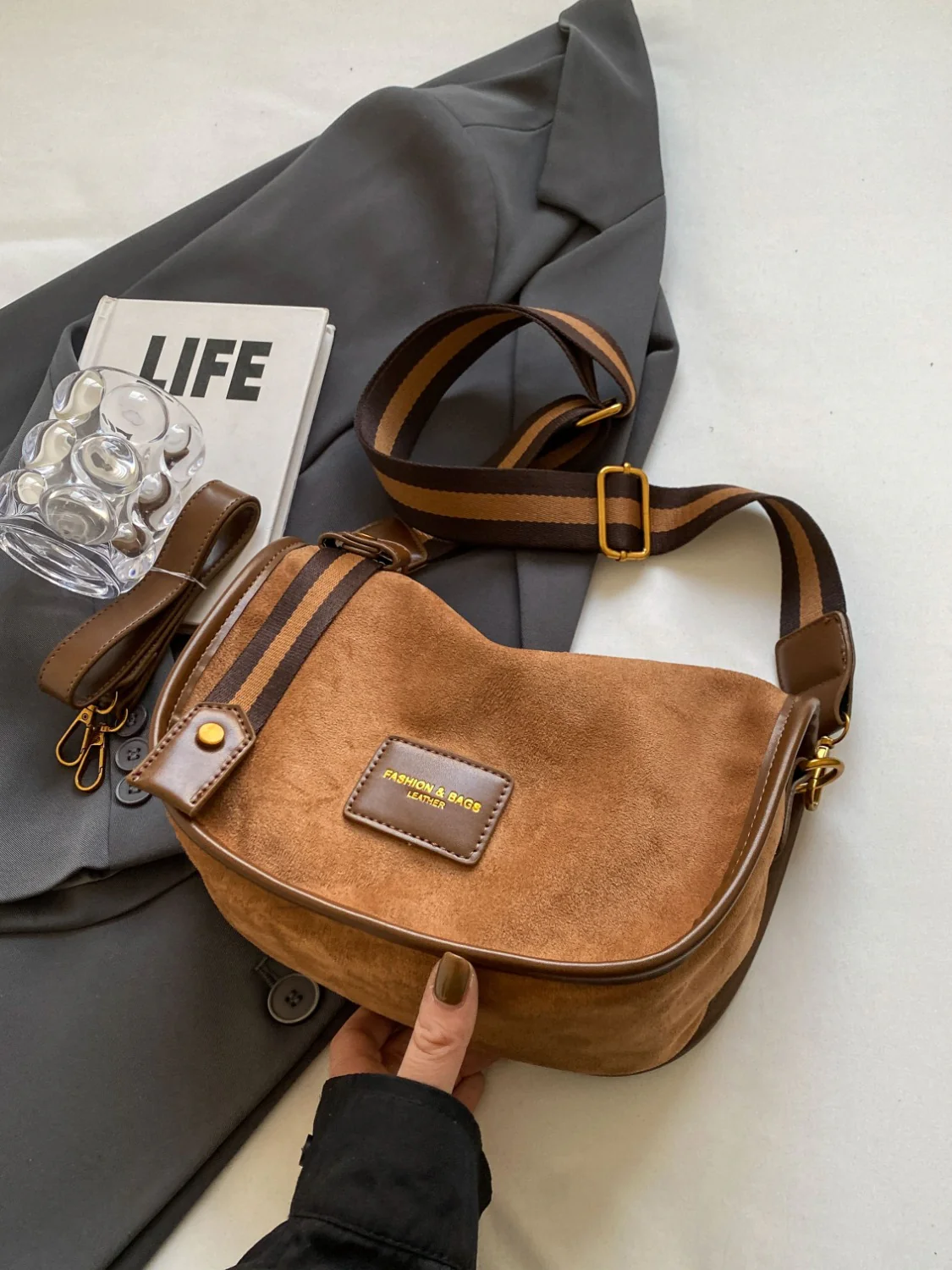 Suede Adjustable Strap Shoulder Bag - Image 17