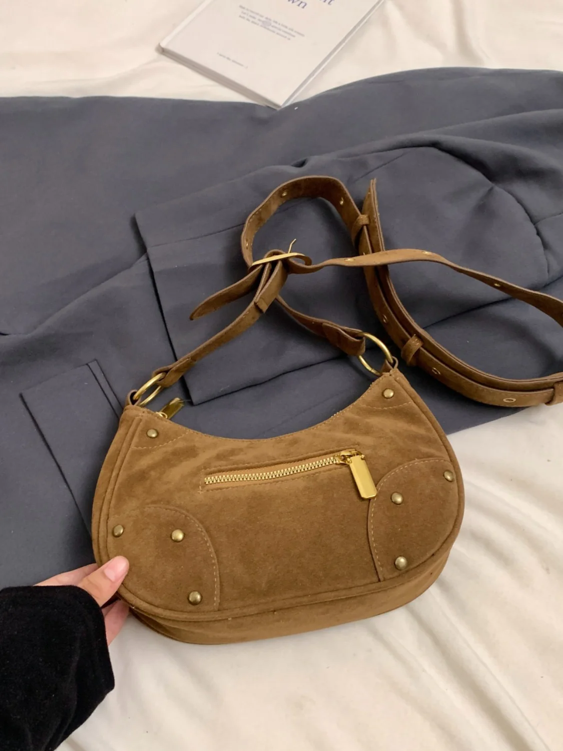 Suede Adjustable Strap Shoulder Bag - Image 12