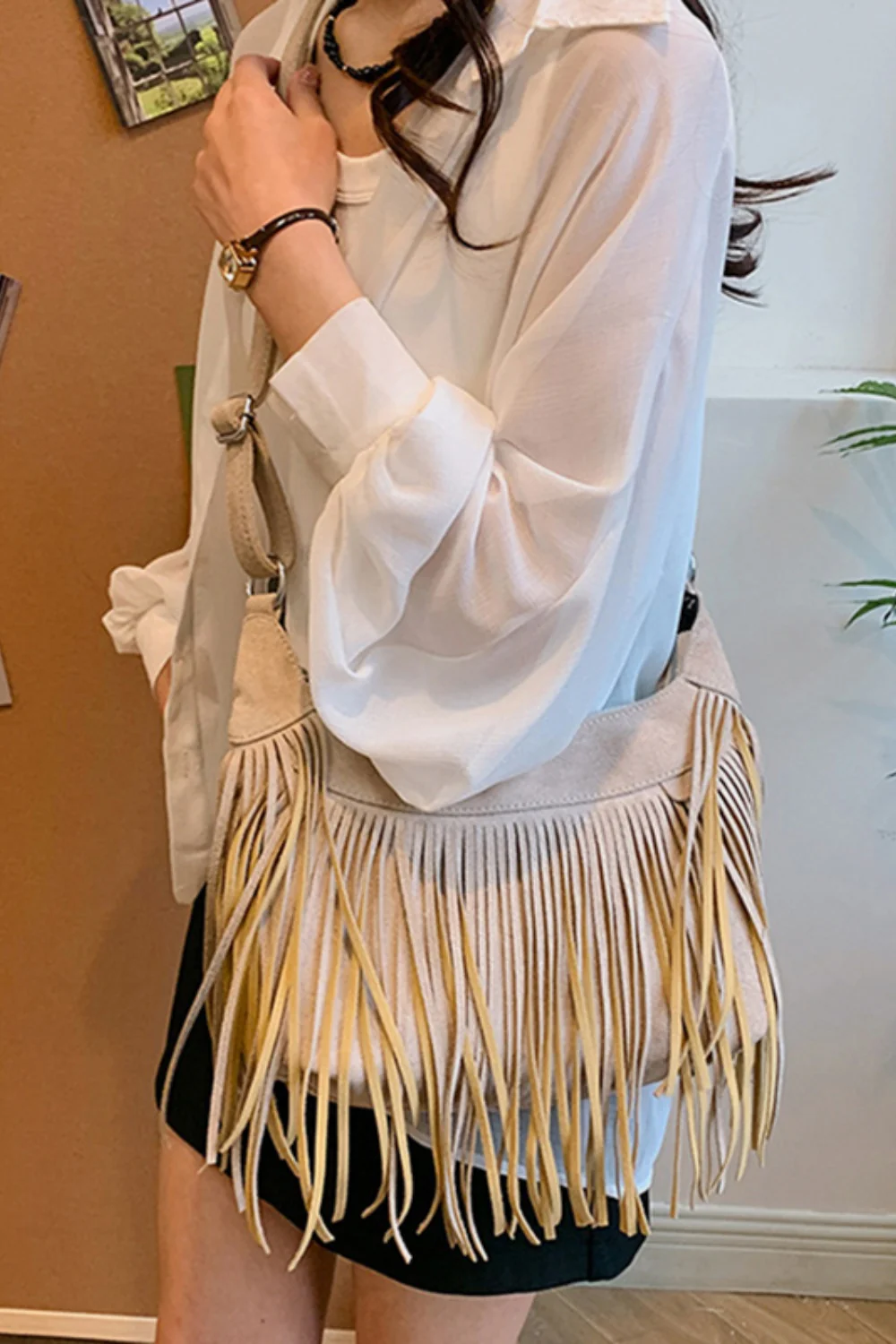 Suede Fringe Adjustable Strap Shoulder Bag - Image 10