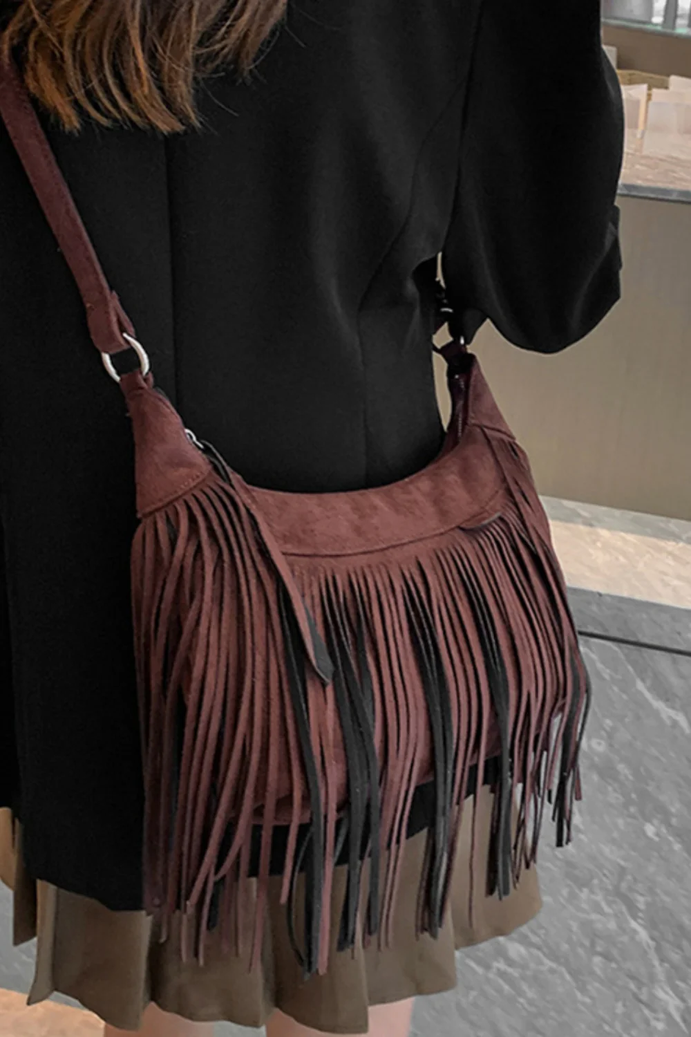 Suede Fringe Adjustable Strap Shoulder Bag - Image 11