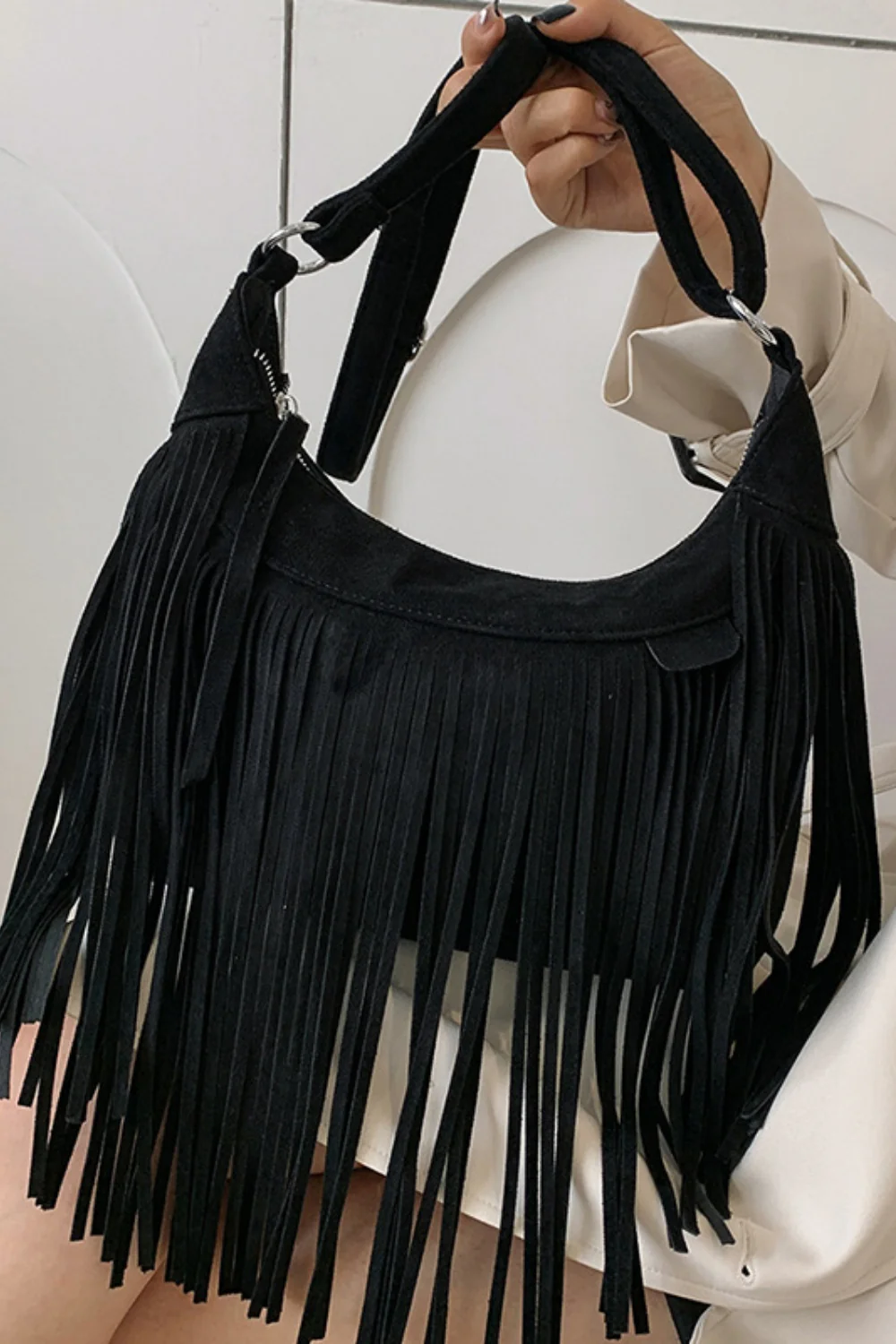 Suede Fringe Adjustable Strap Shoulder Bag - Image 13