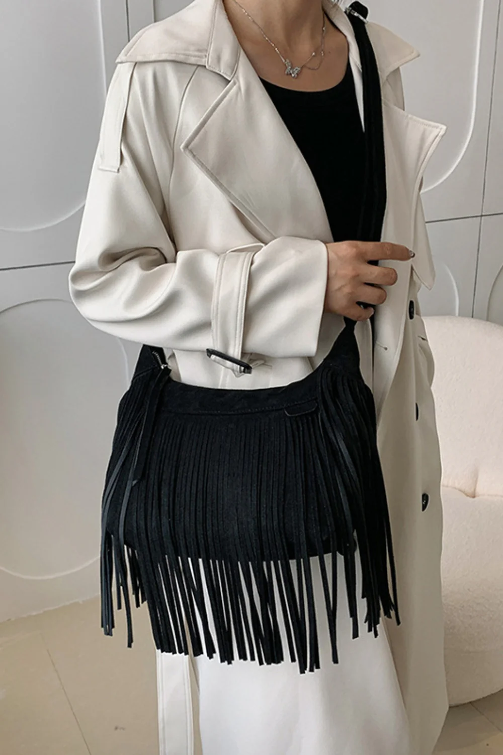 Suede Fringe Adjustable Strap Shoulder Bag - Image 14