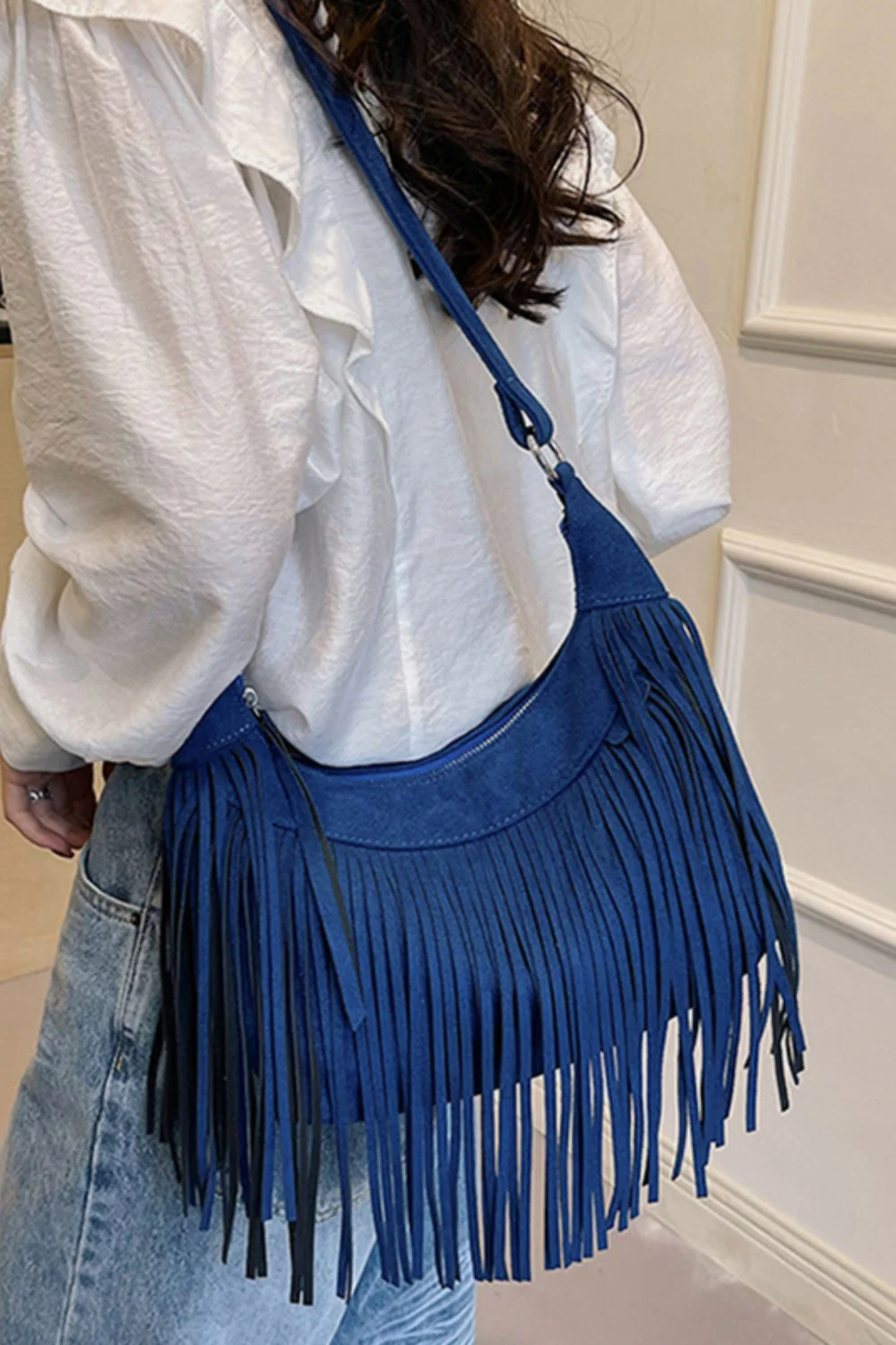 Suede Fringe Adjustable Strap Shoulder Bag - Image 16