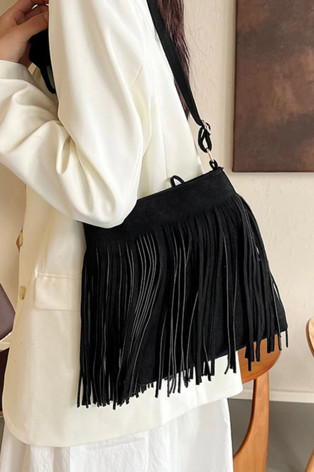 Suede Fringe Shoulder Bag - Image 9