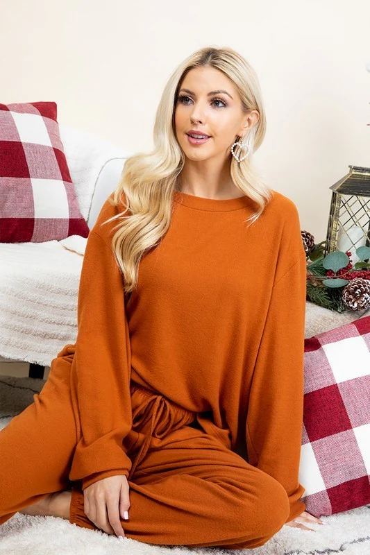 Super Lady Full Size Fuzzy Hacci Brush Round Neck Top and Pants Lounge Set - Image 2