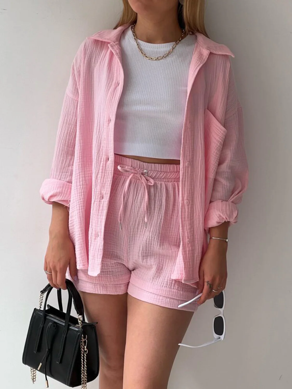 Texture Button Up Shirt and Drawstring Shorts Set - Image 10