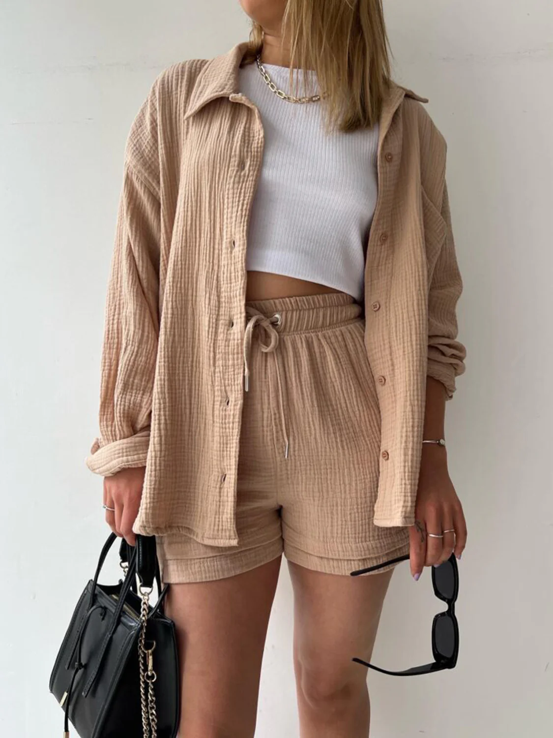Texture Button Up Shirt and Drawstring Shorts Set - Image 11