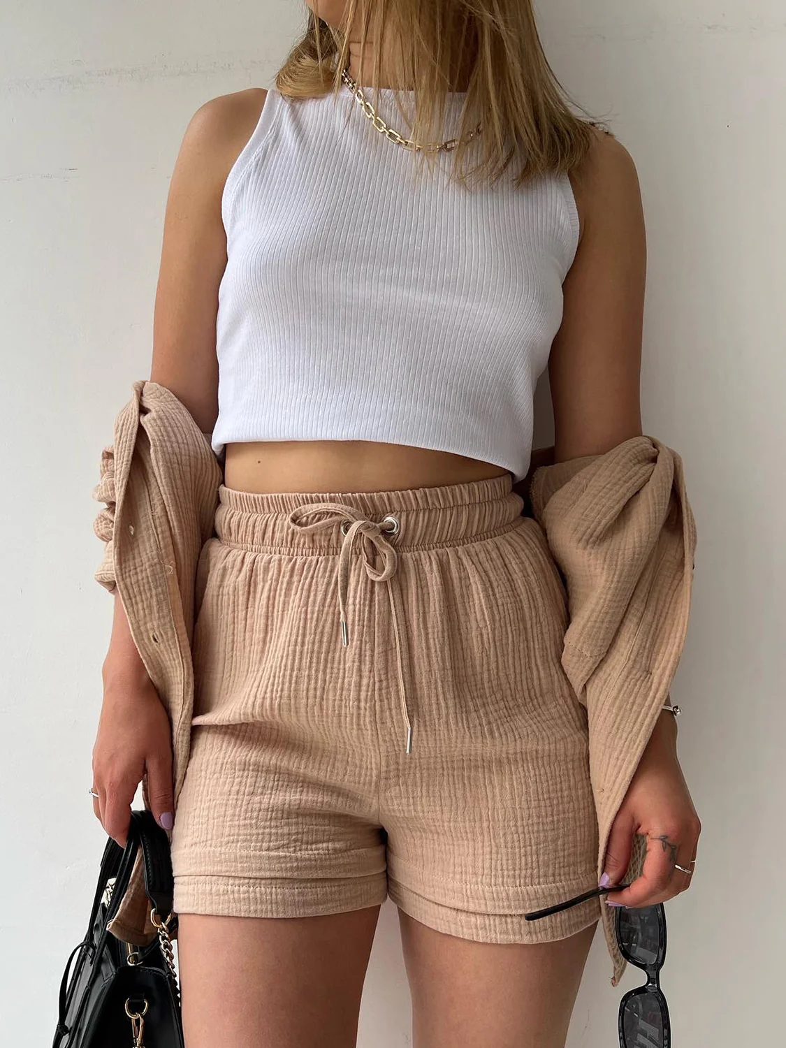 Texture Button Up Shirt and Drawstring Shorts Set - Image 13