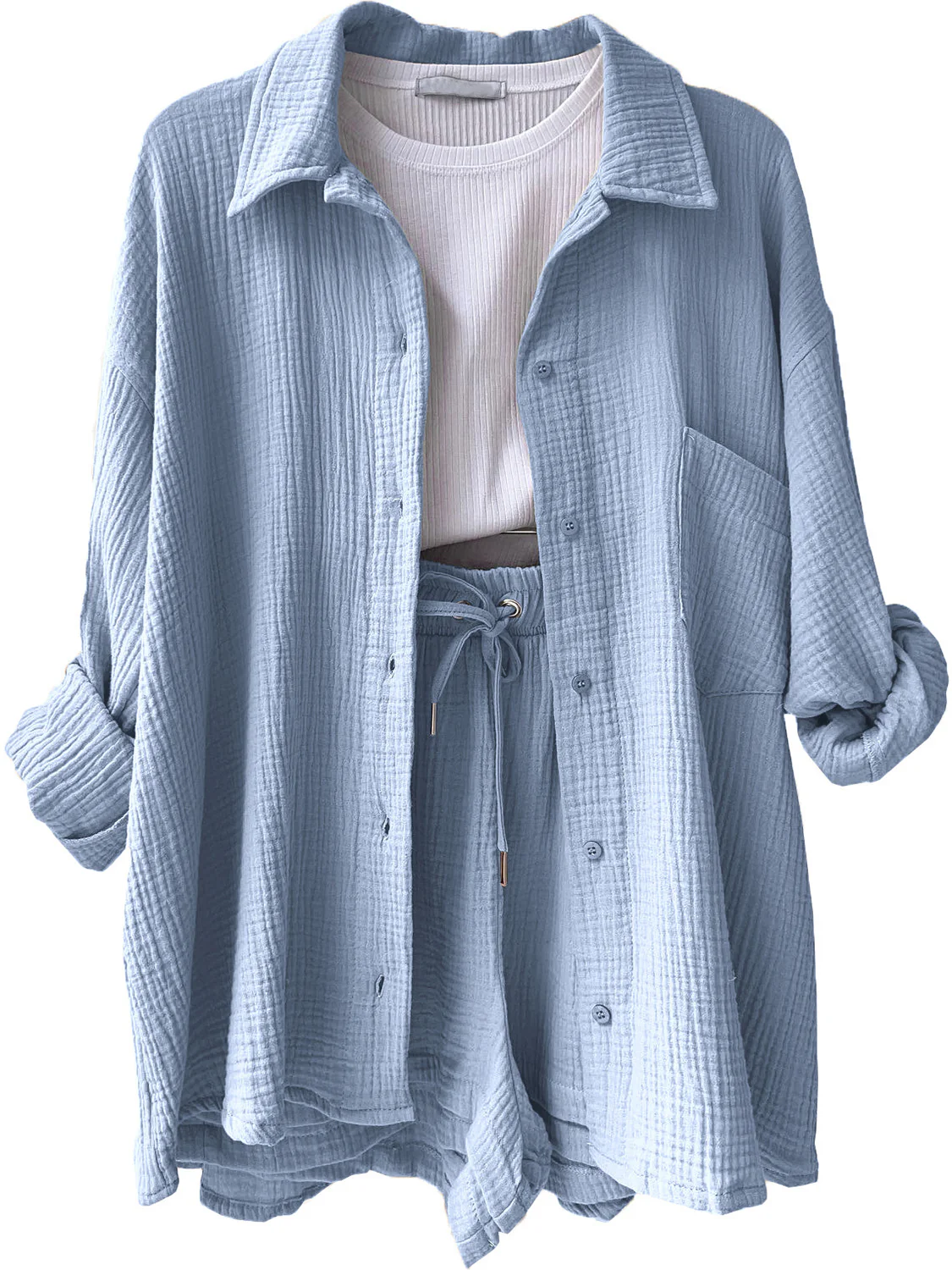 Texture Button Up Shirt and Drawstring Shorts Set - Image 16