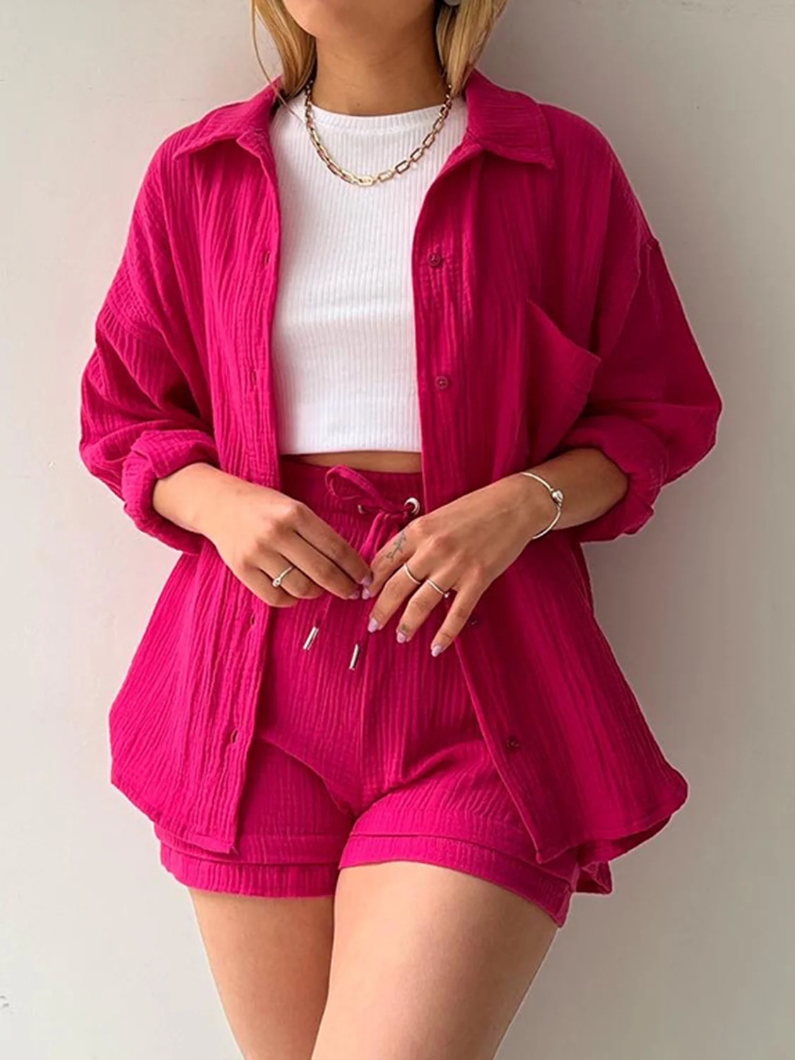 Texture Button Up Shirt and Drawstring Shorts Set - Image 17