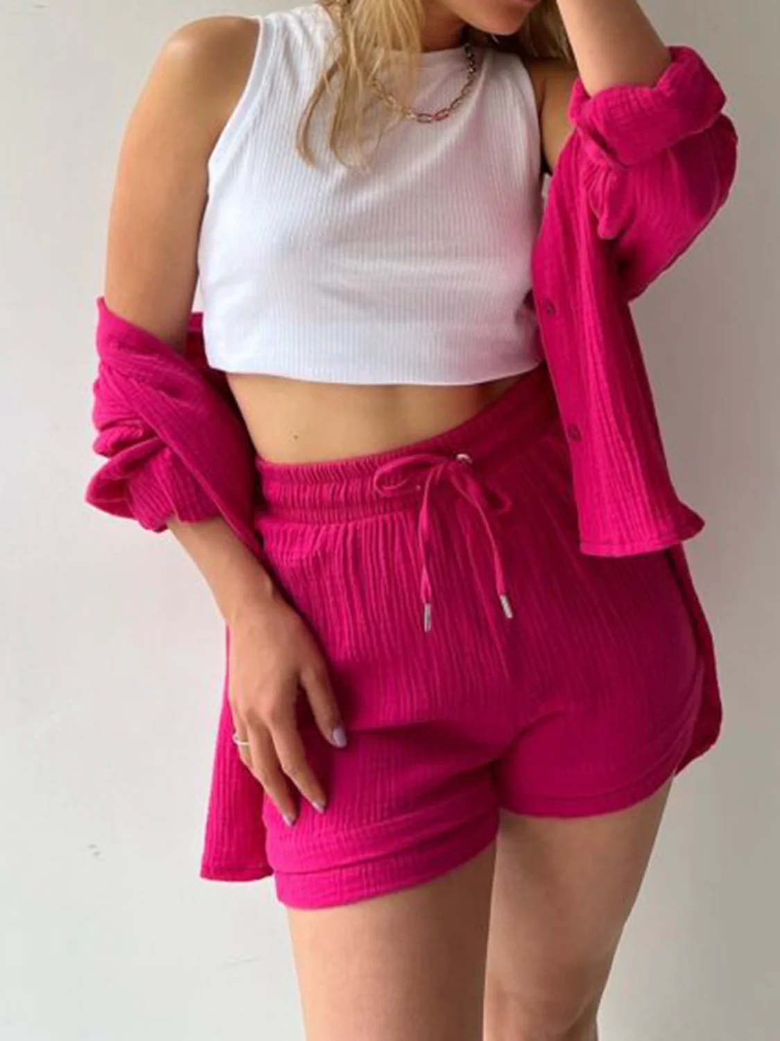 Texture Button Up Shirt and Drawstring Shorts Set - Image 18