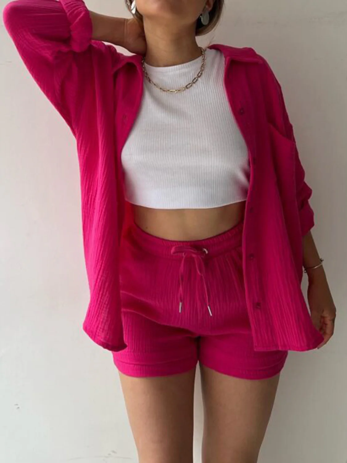 Texture Button Up Shirt and Drawstring Shorts Set - Image 19