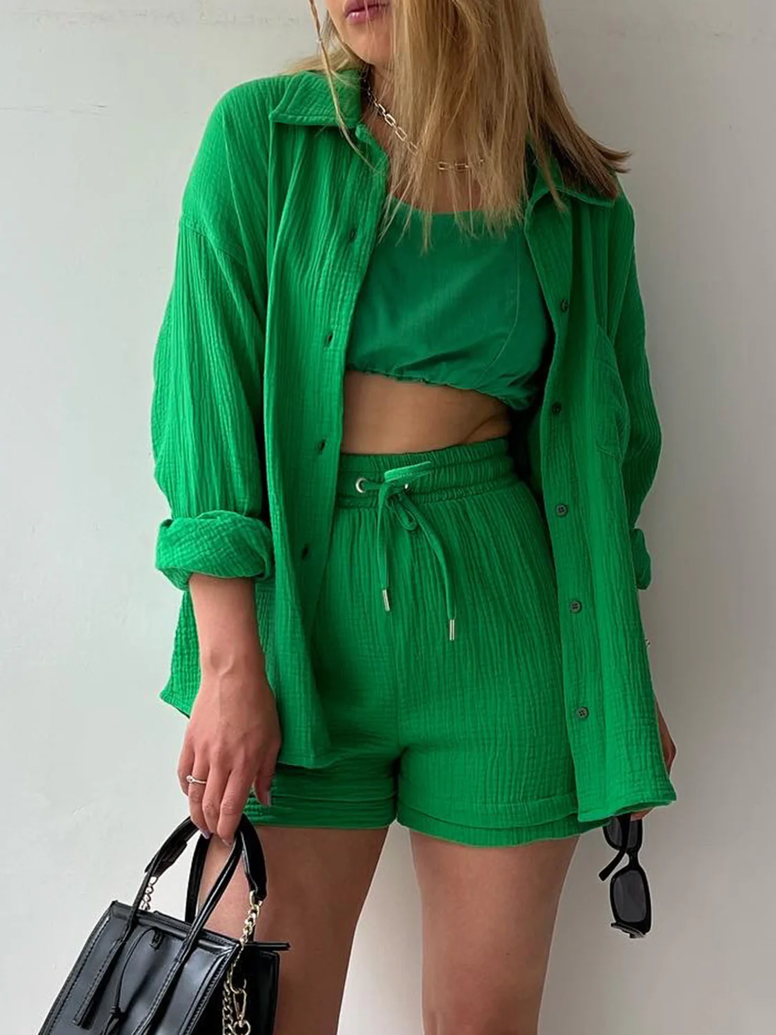 Texture Button Up Shirt and Drawstring Shorts Set - Image 2