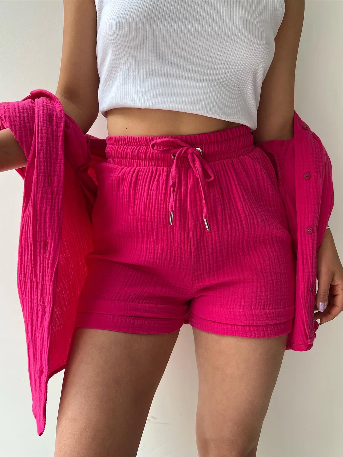 Texture Button Up Shirt and Drawstring Shorts Set - Image 20