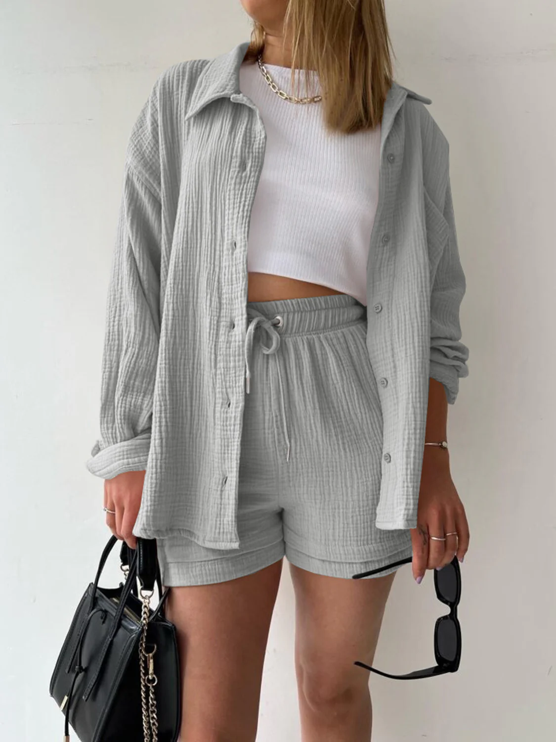 Texture Button Up Shirt and Drawstring Shorts Set - Image 21