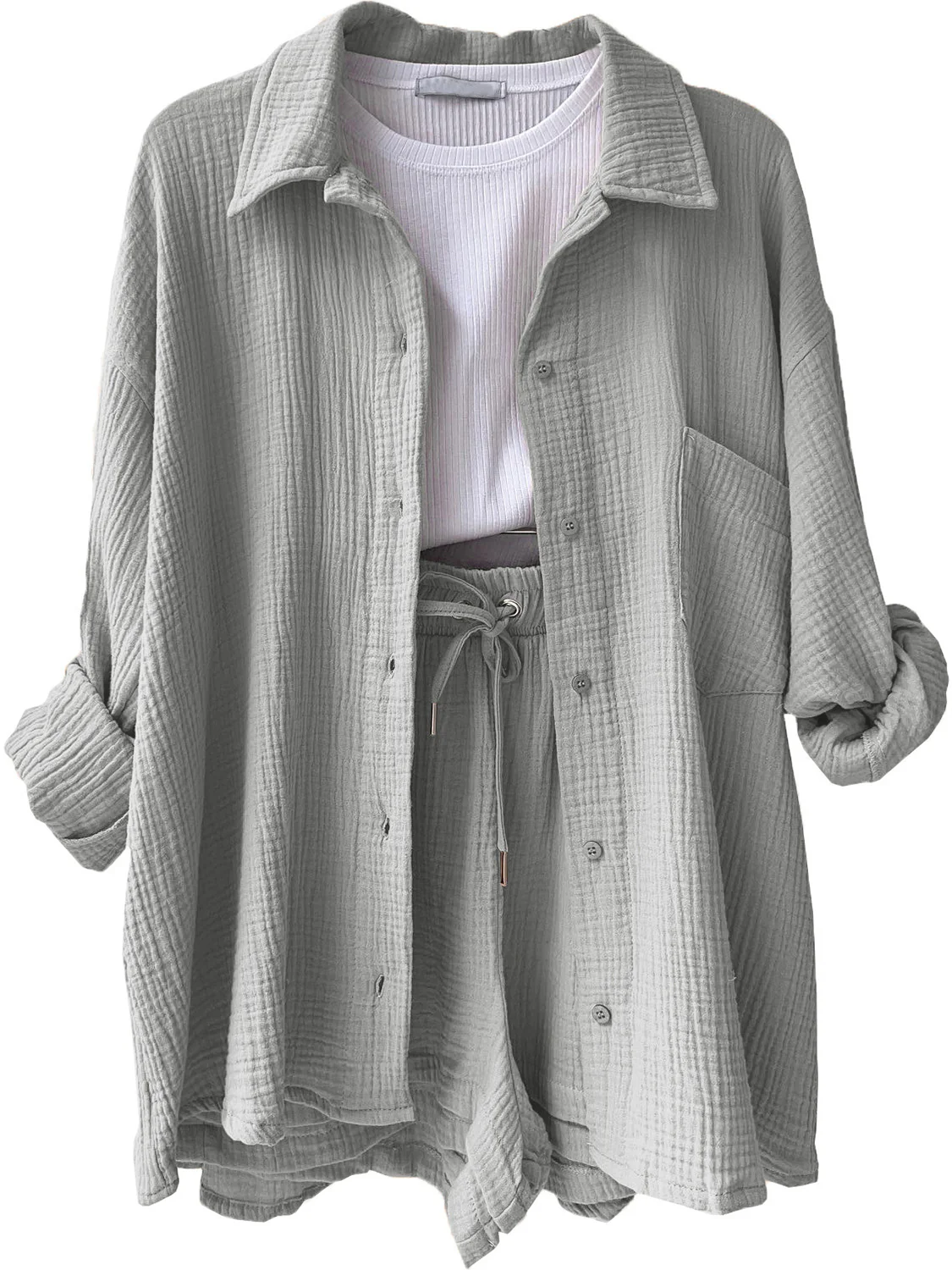 Texture Button Up Shirt and Drawstring Shorts Set - Image 23