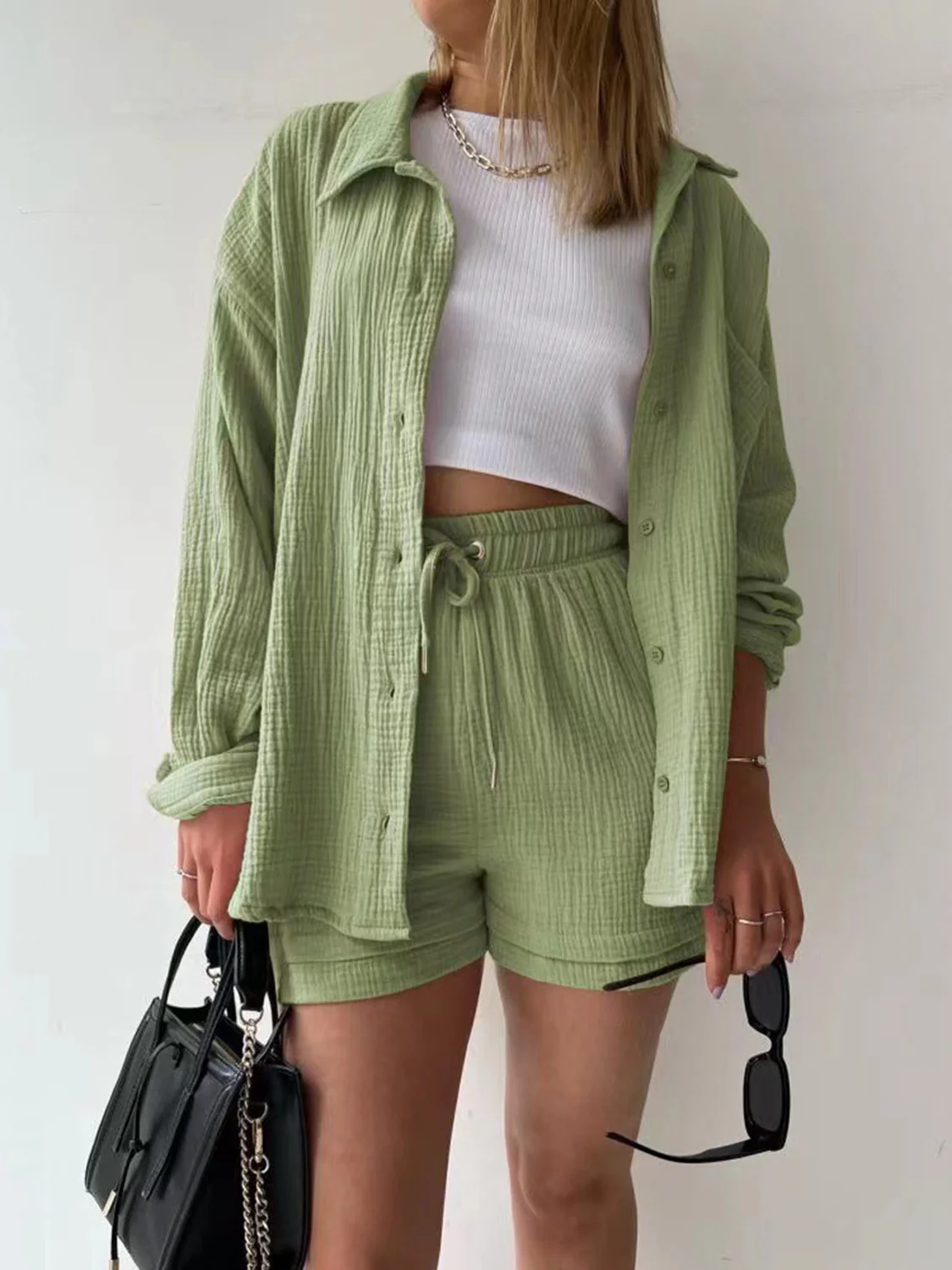 Texture Button Up Shirt and Drawstring Shorts Set - Image 24