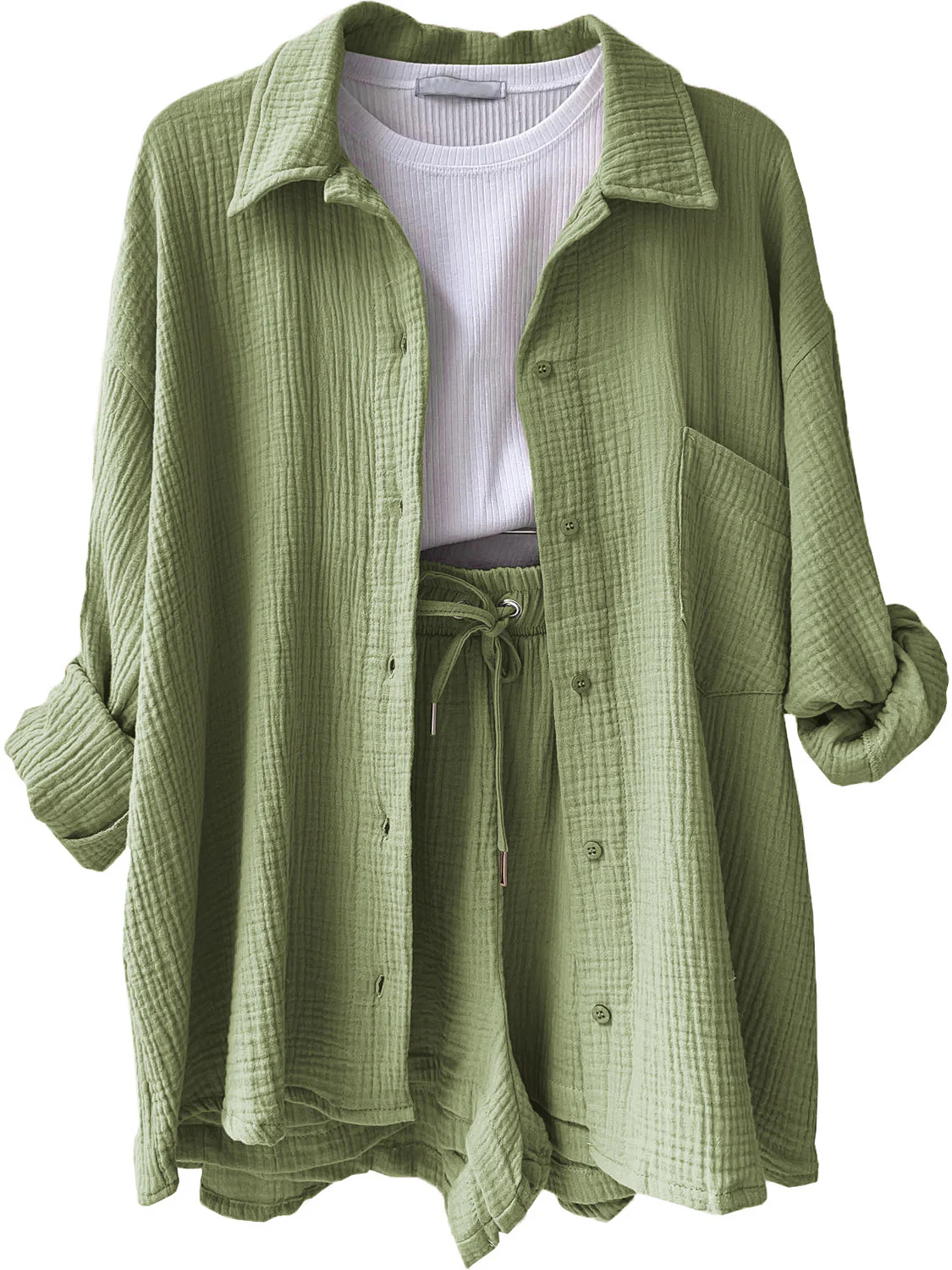Texture Button Up Shirt and Drawstring Shorts Set - Image 26