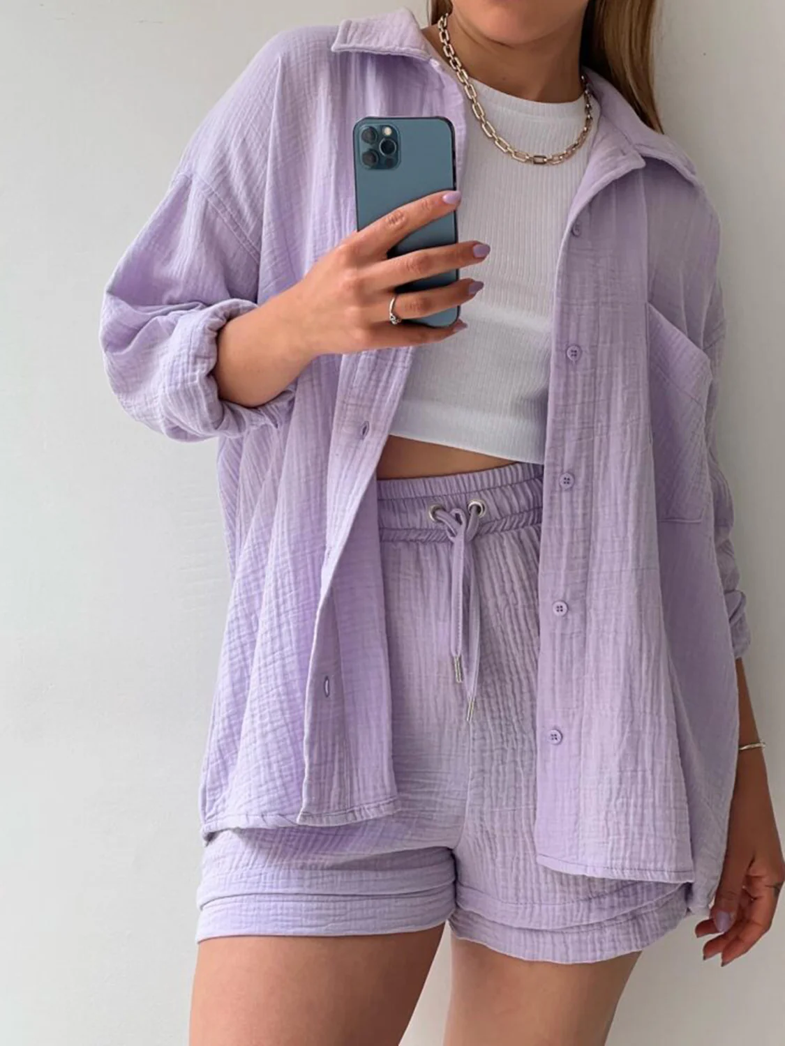 Texture Button Up Shirt and Drawstring Shorts Set - Image 27