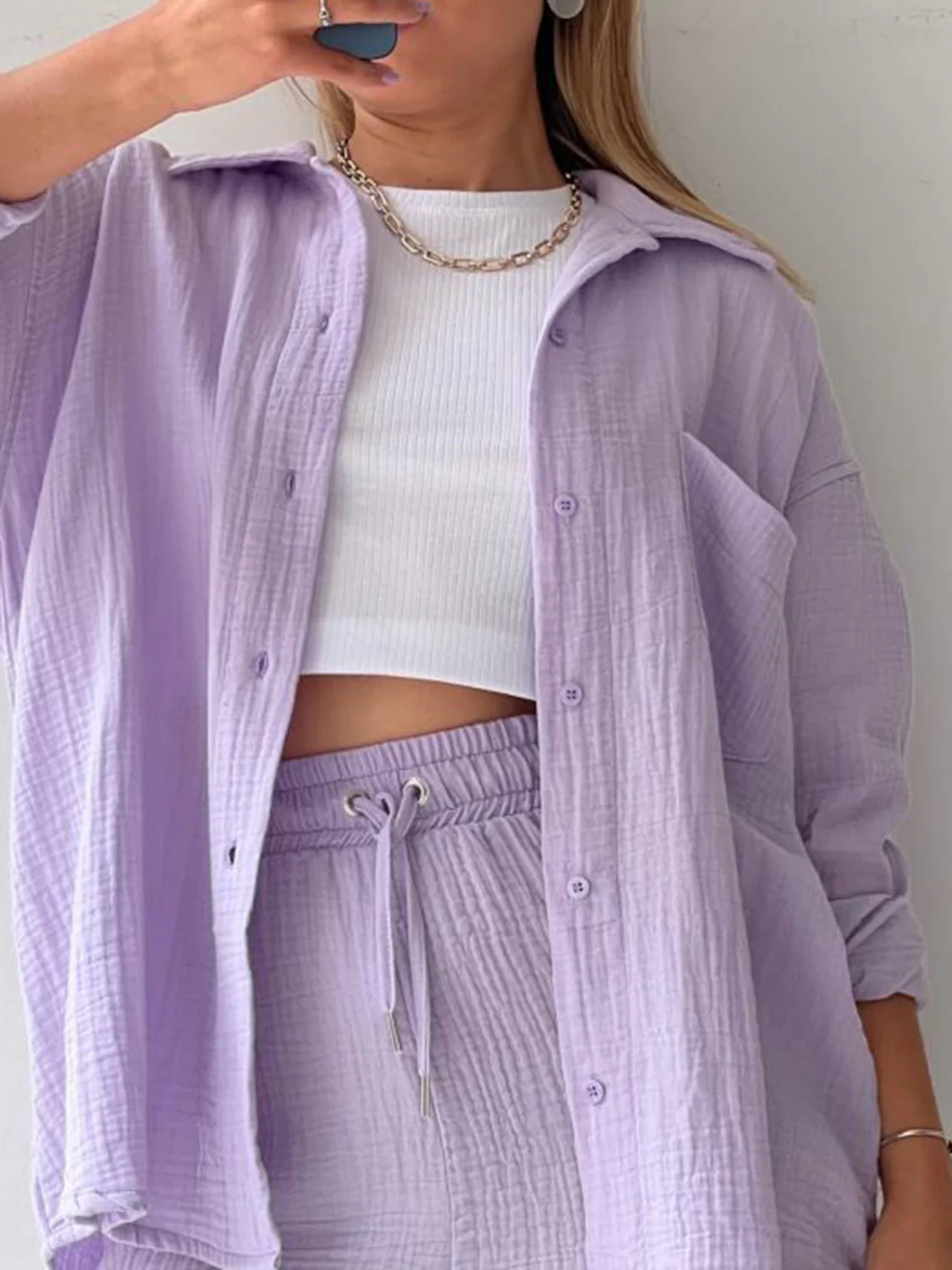 Texture Button Up Shirt and Drawstring Shorts Set - Image 28