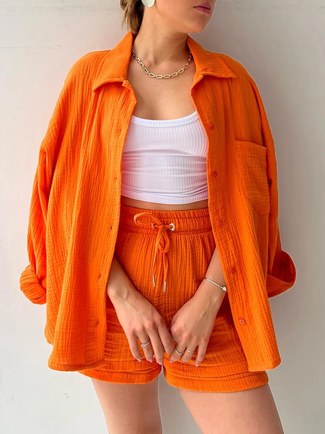 Texture Button Up Shirt and Drawstring Shorts Set - Image 30
