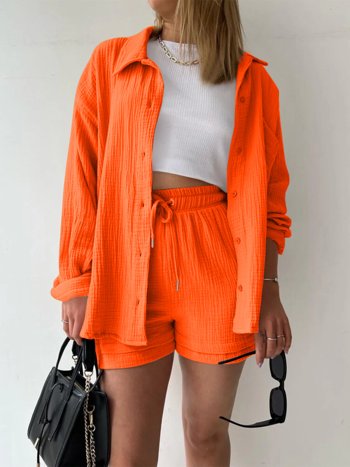 Texture Button Up Shirt and Drawstring Shorts Set - Image 31