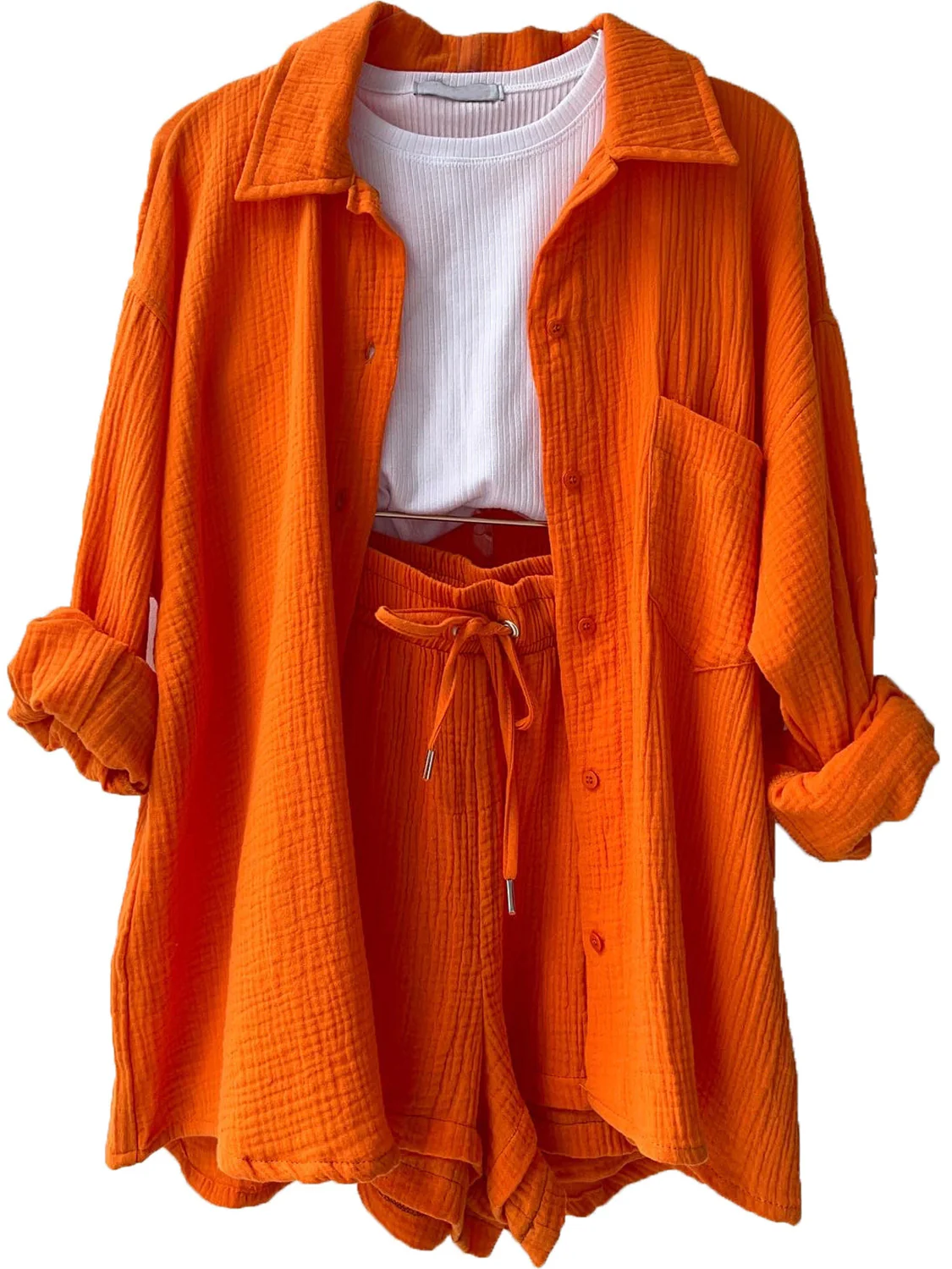 Texture Button Up Shirt and Drawstring Shorts Set - Image 32