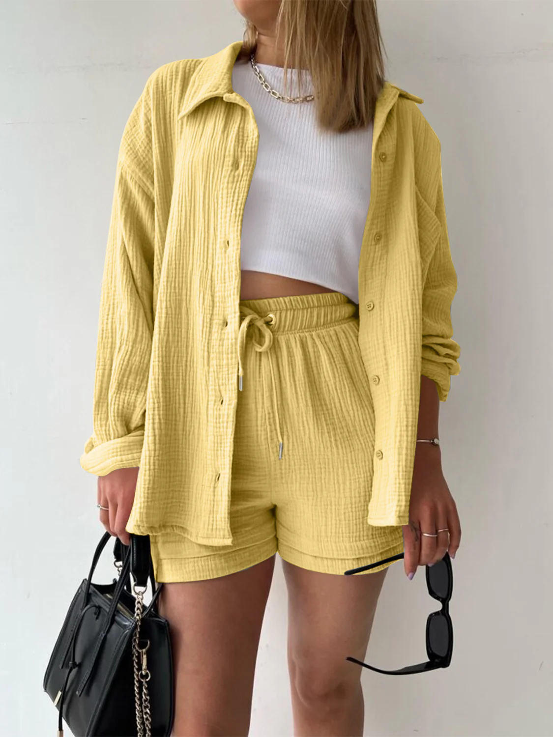 Texture Button Up Shirt and Drawstring Shorts Set - Image 33
