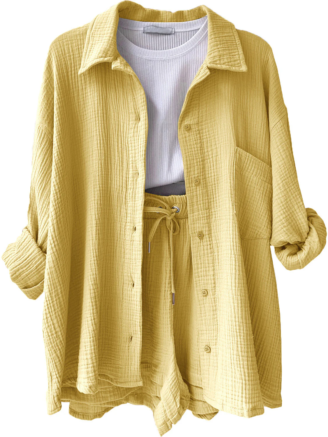 Texture Button Up Shirt and Drawstring Shorts Set - Image 35