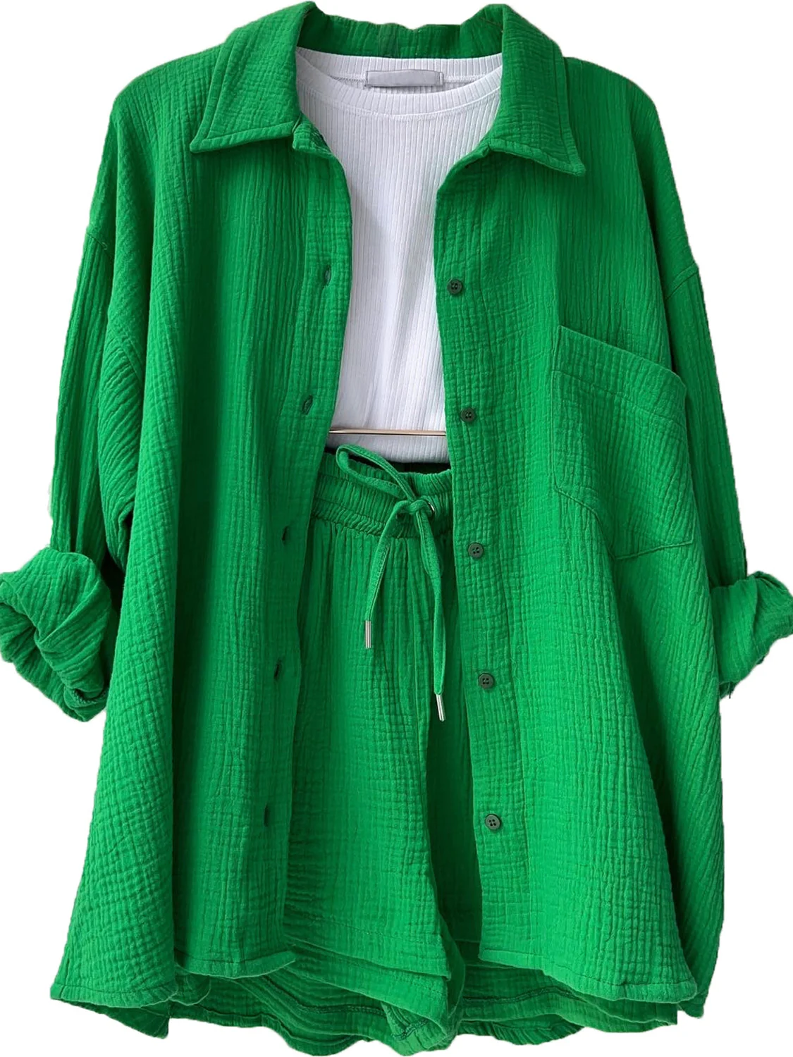 Texture Button Up Shirt and Drawstring Shorts Set - Image 4