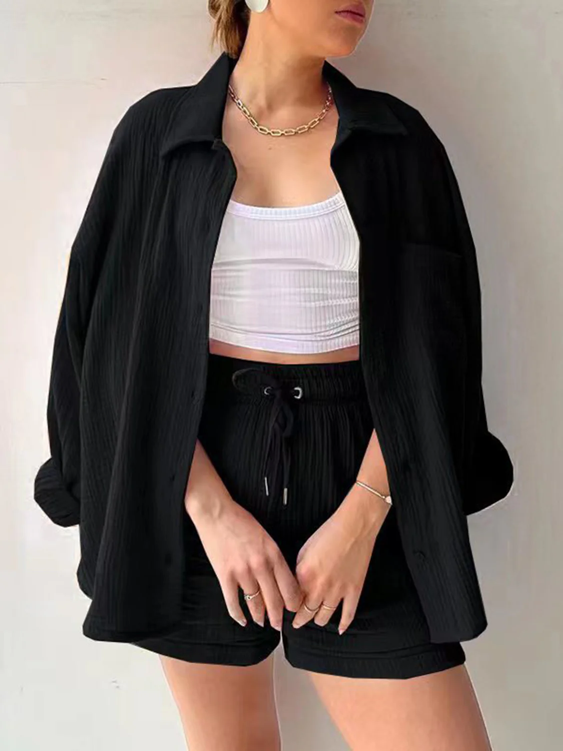 Texture Button Up Shirt and Drawstring Shorts Set - Image 5