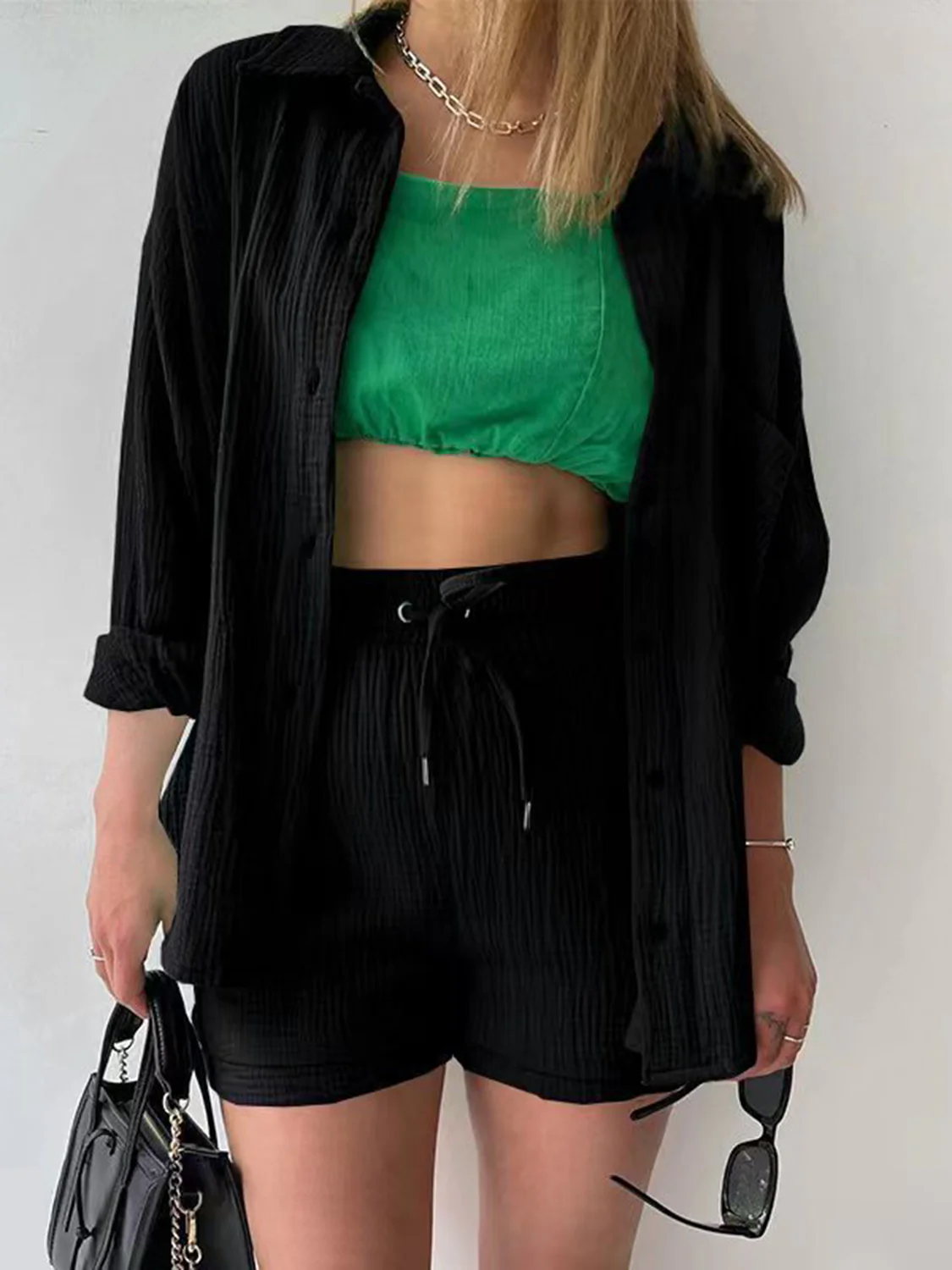 Texture Button Up Shirt and Drawstring Shorts Set - Image 6