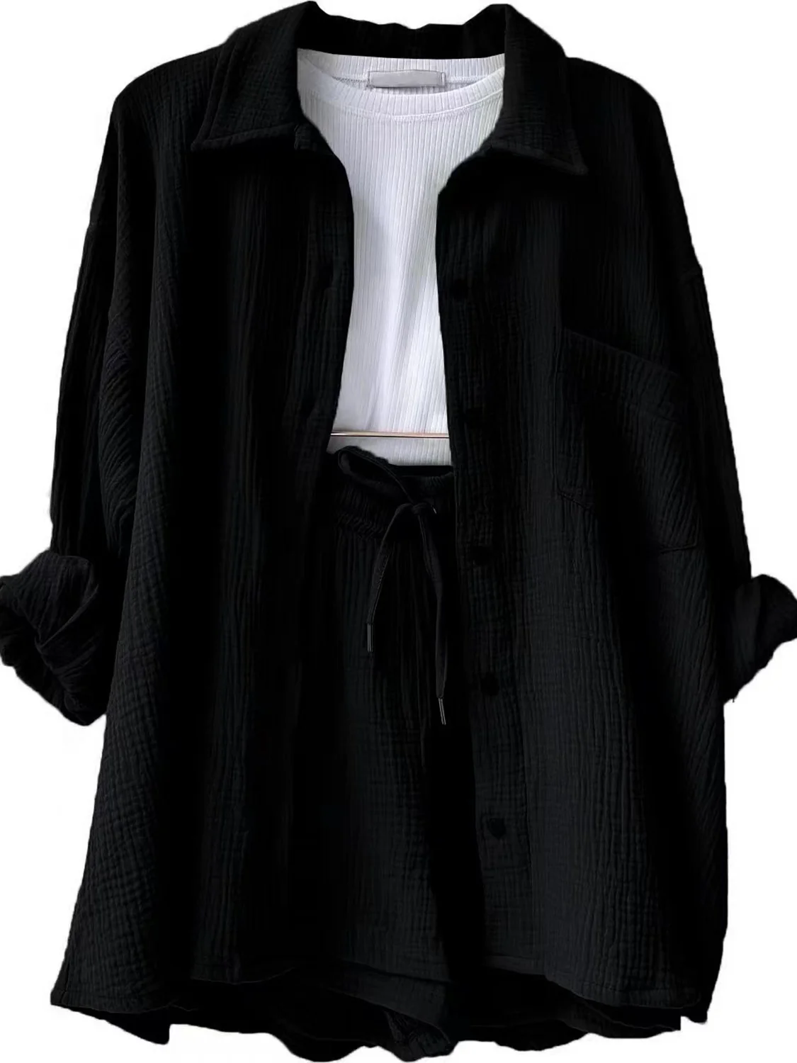 Texture Button Up Shirt and Drawstring Shorts Set - Image 7