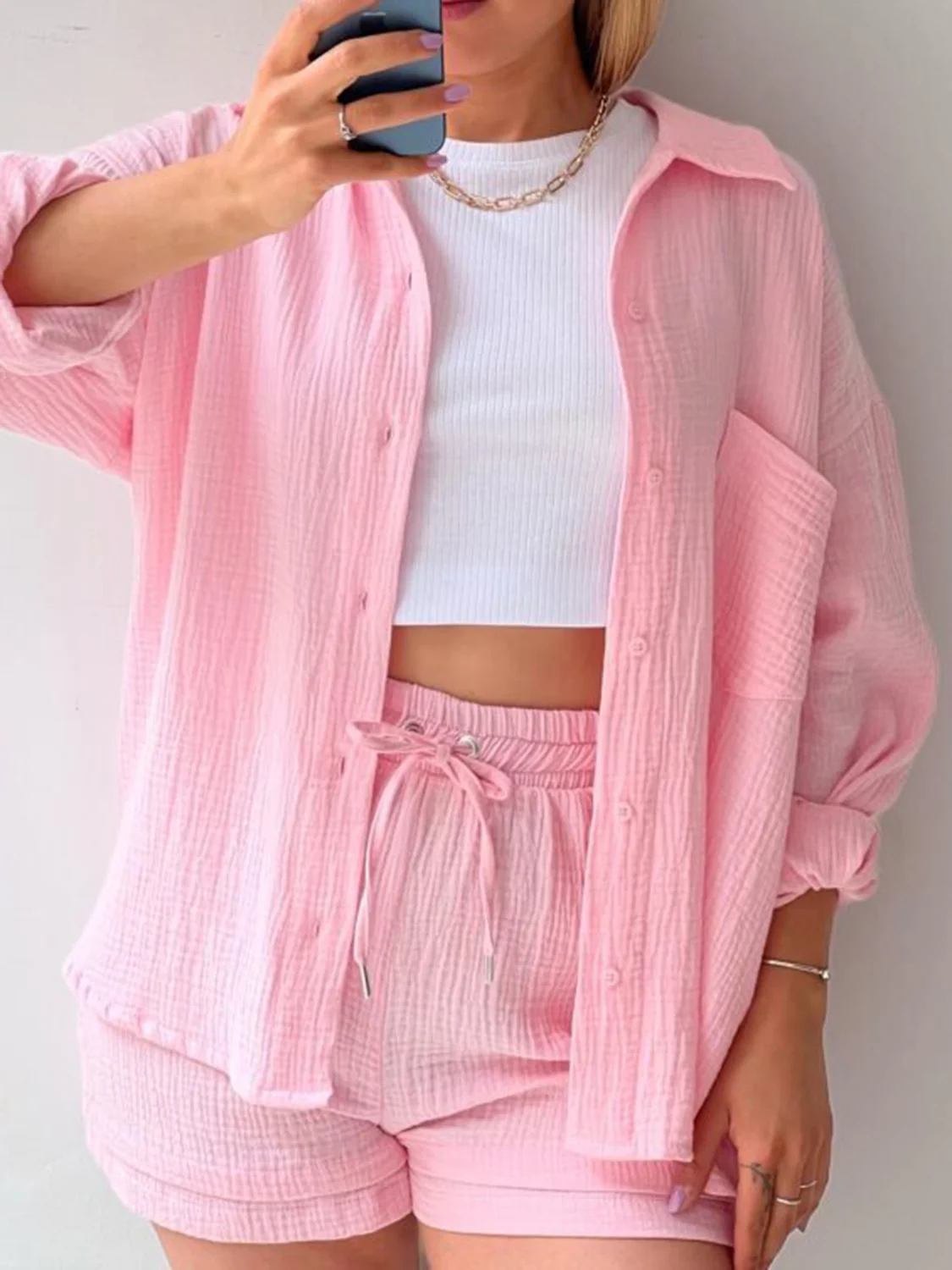 Texture Button Up Shirt and Drawstring Shorts Set - Image 8