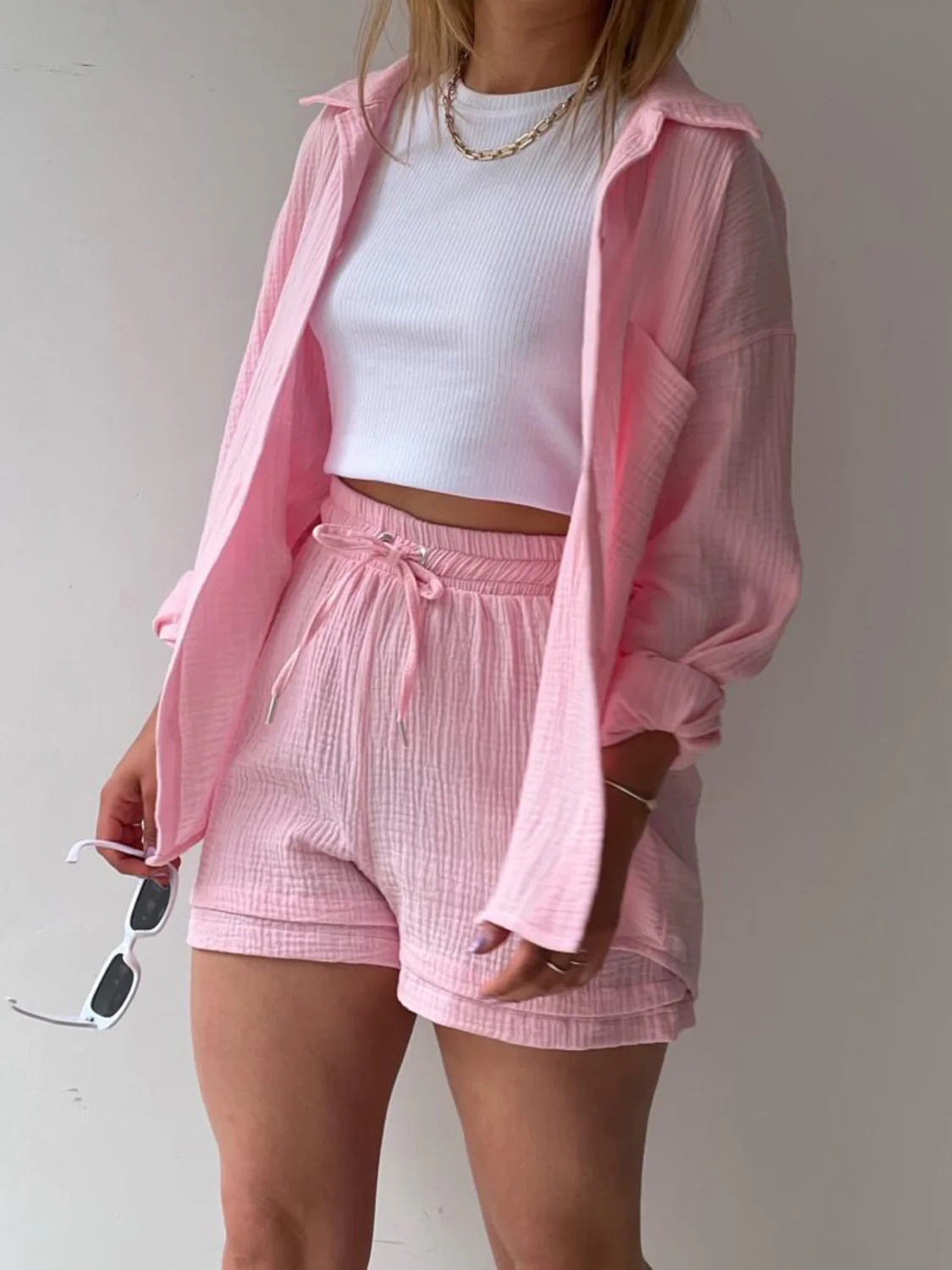 Texture Button Up Shirt and Drawstring Shorts Set - Image 9
