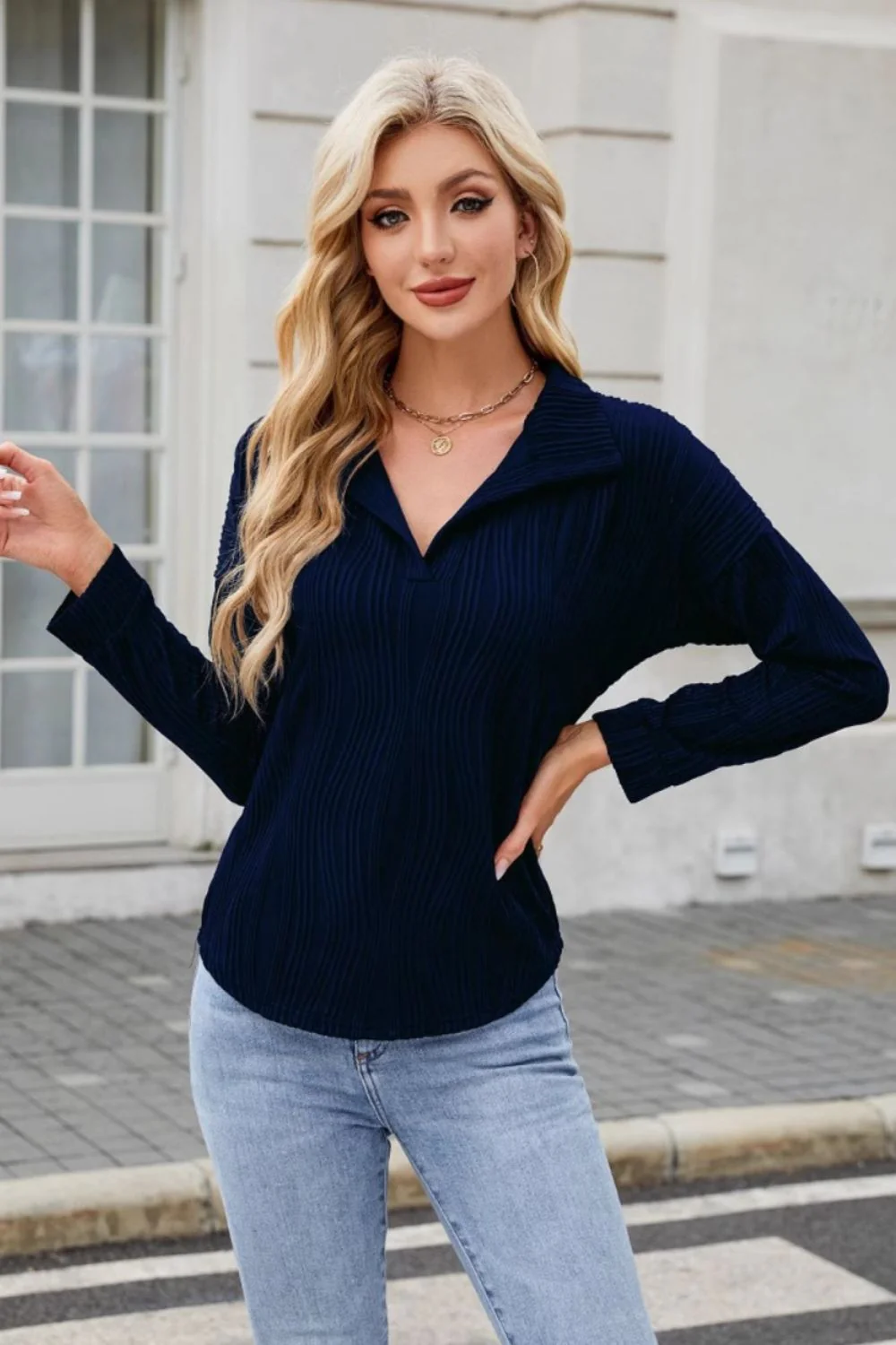 Texture Collared Neck Long Sleeve Blouse - Image 10