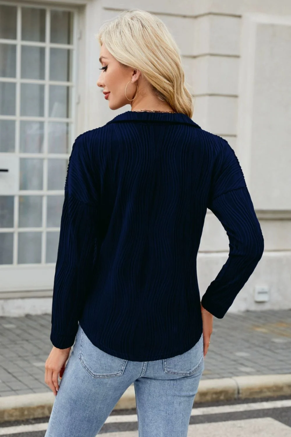 Texture Collared Neck Long Sleeve Blouse - Image 11