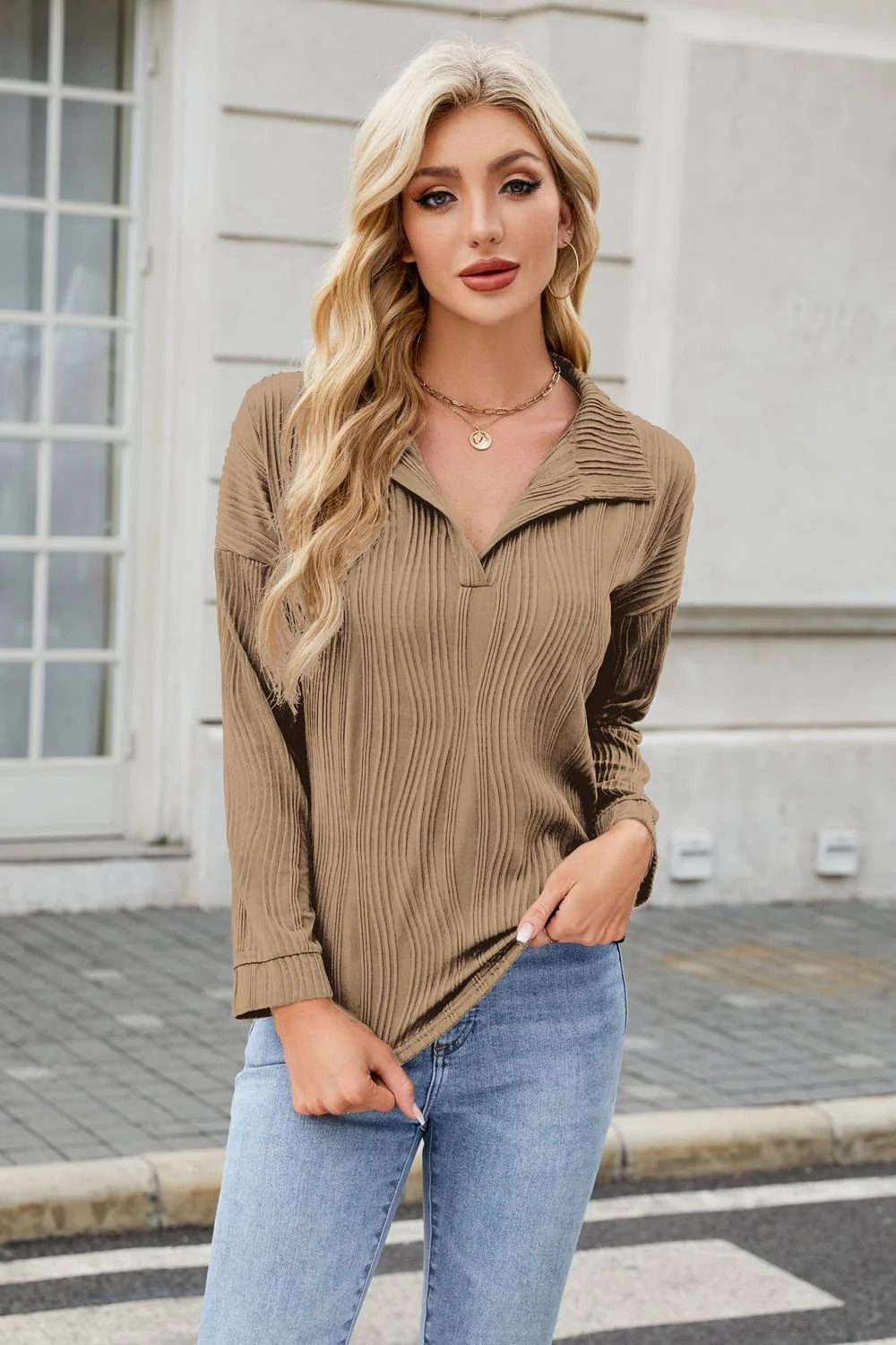 Texture Collared Neck Long Sleeve Blouse - Image 12