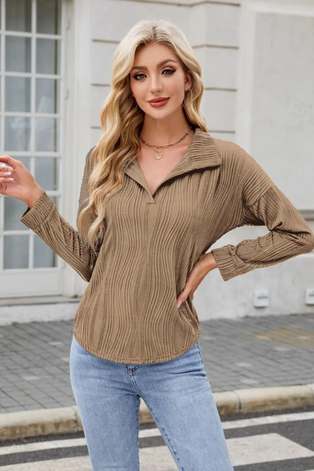Texture Collared Neck Long Sleeve Blouse - Image 13