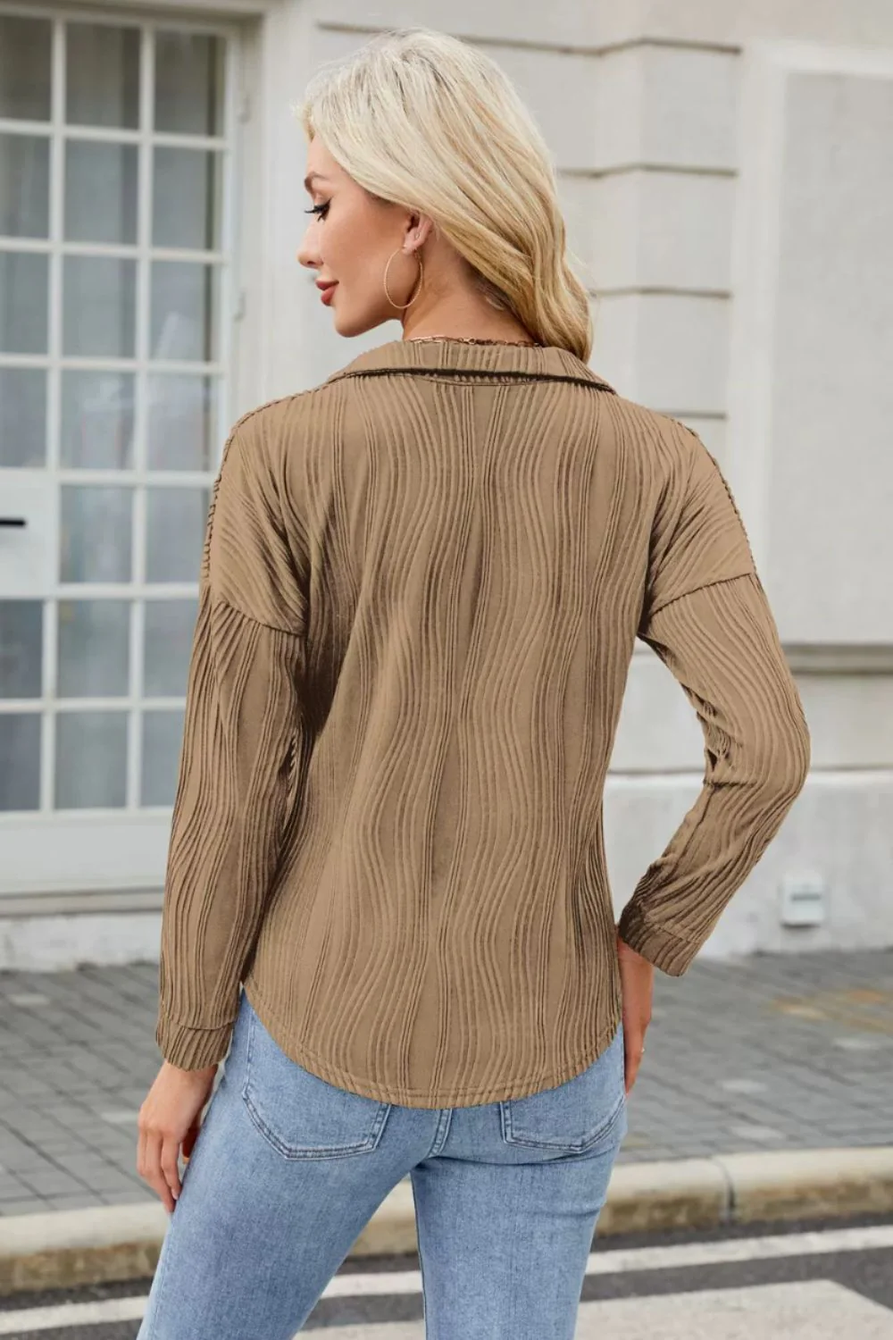Texture Collared Neck Long Sleeve Blouse - Image 14