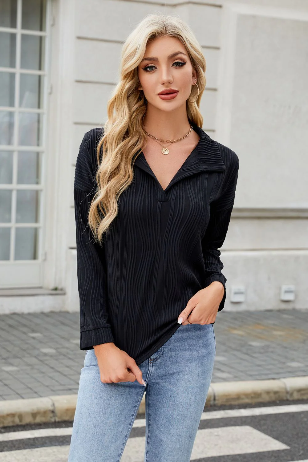 Texture Collared Neck Long Sleeve Blouse - Image 15