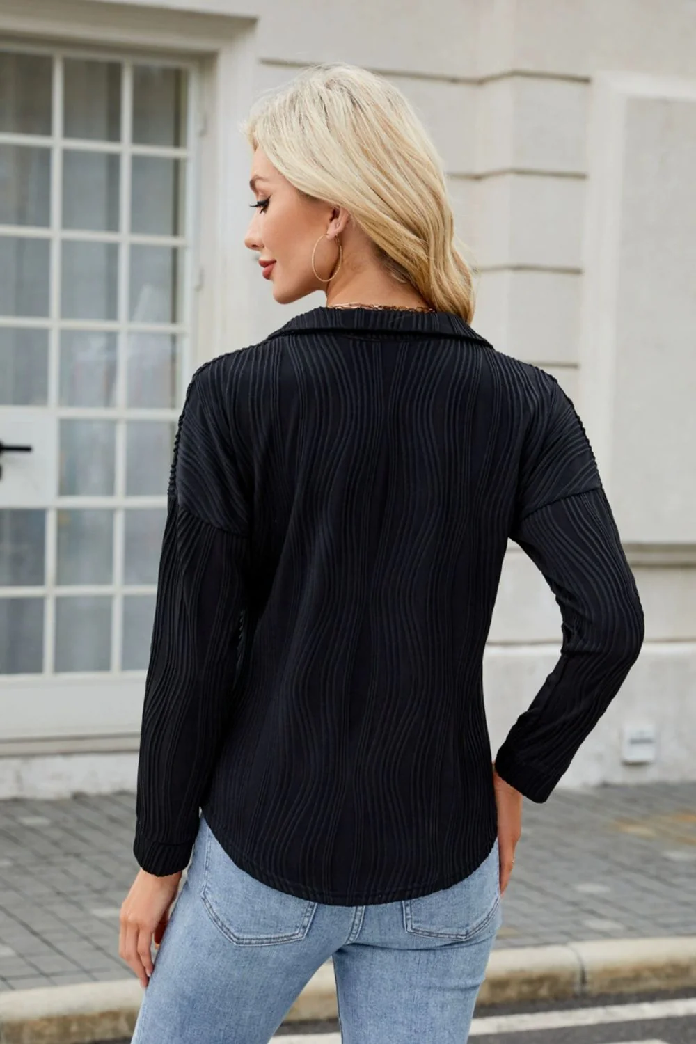 Texture Collared Neck Long Sleeve Blouse - Image 16