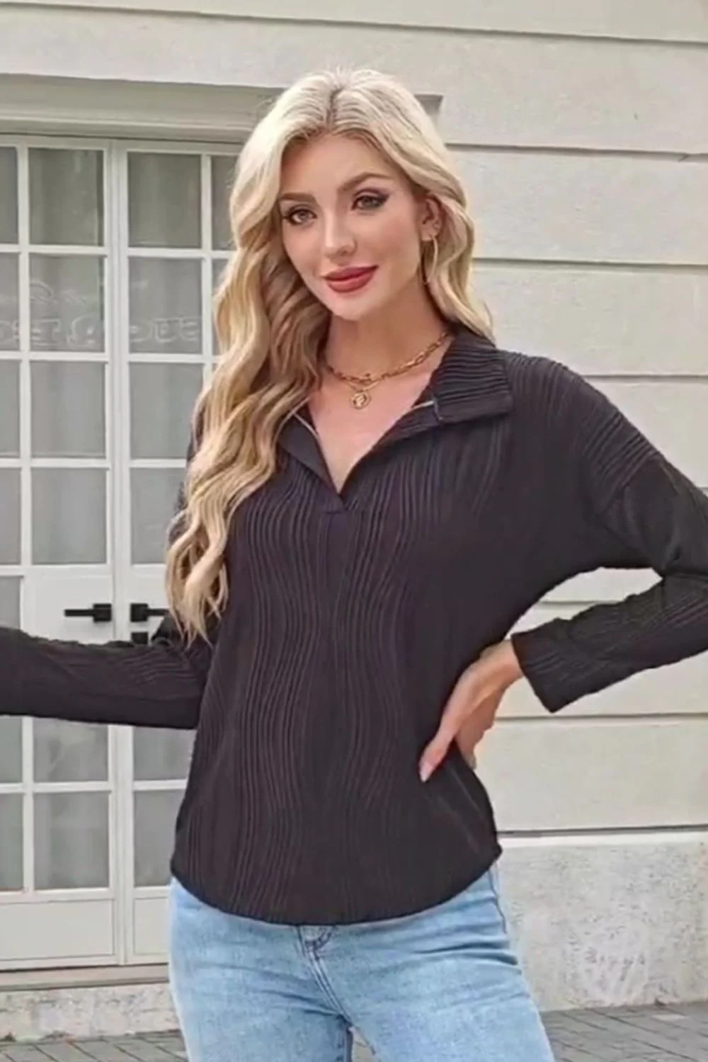 Texture Collared Neck Long Sleeve Blouse - Image 17