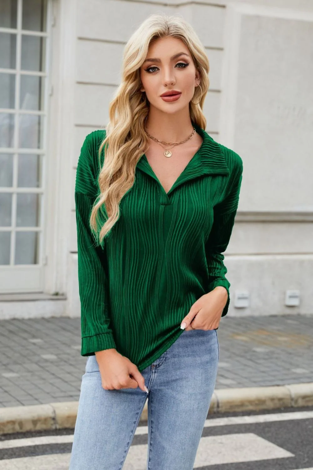 Texture Collared Neck Long Sleeve Blouse - Image 2