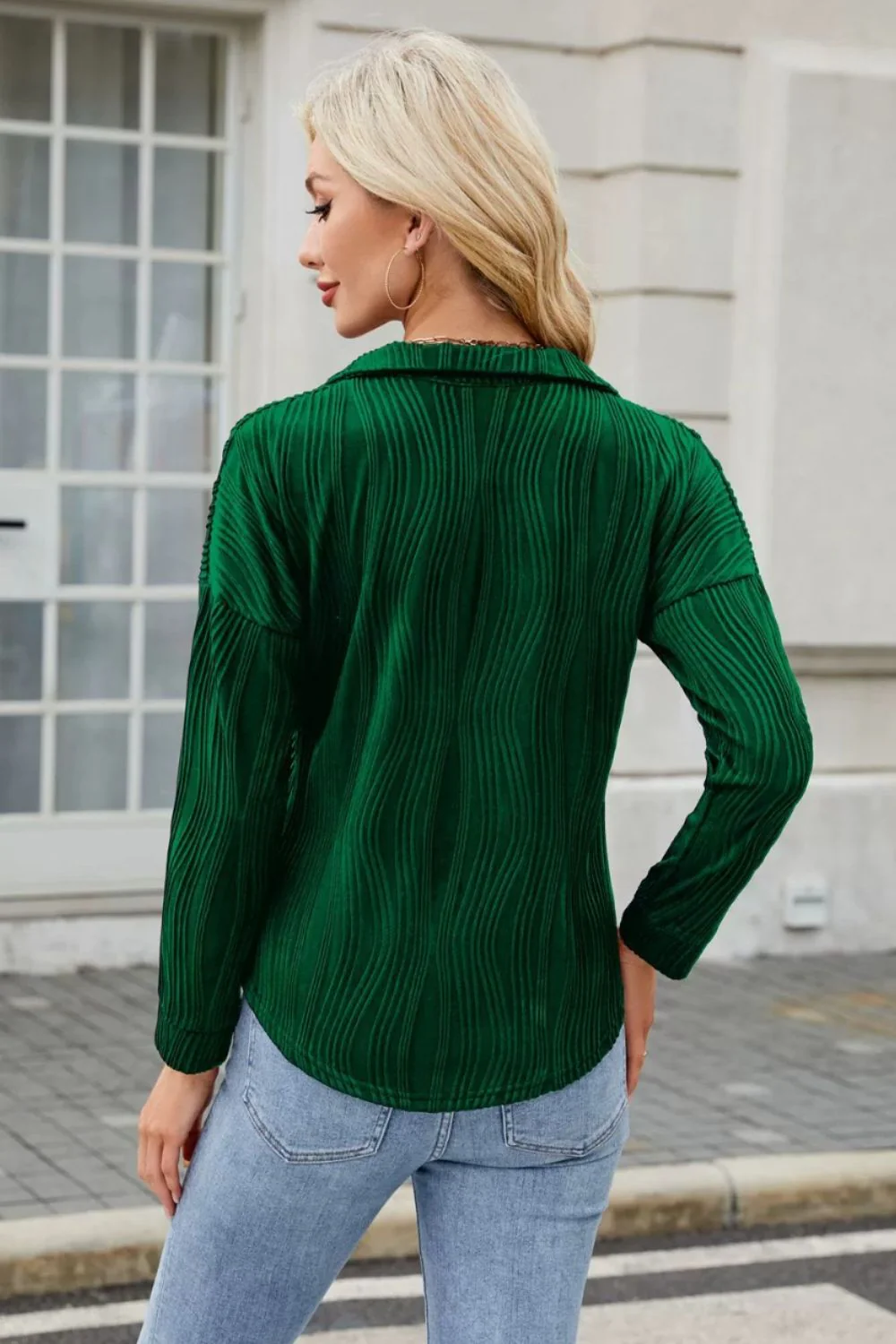 Texture Collared Neck Long Sleeve Blouse - Image 3