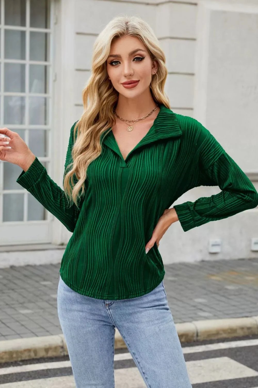 Texture Collared Neck Long Sleeve Blouse - Image 4