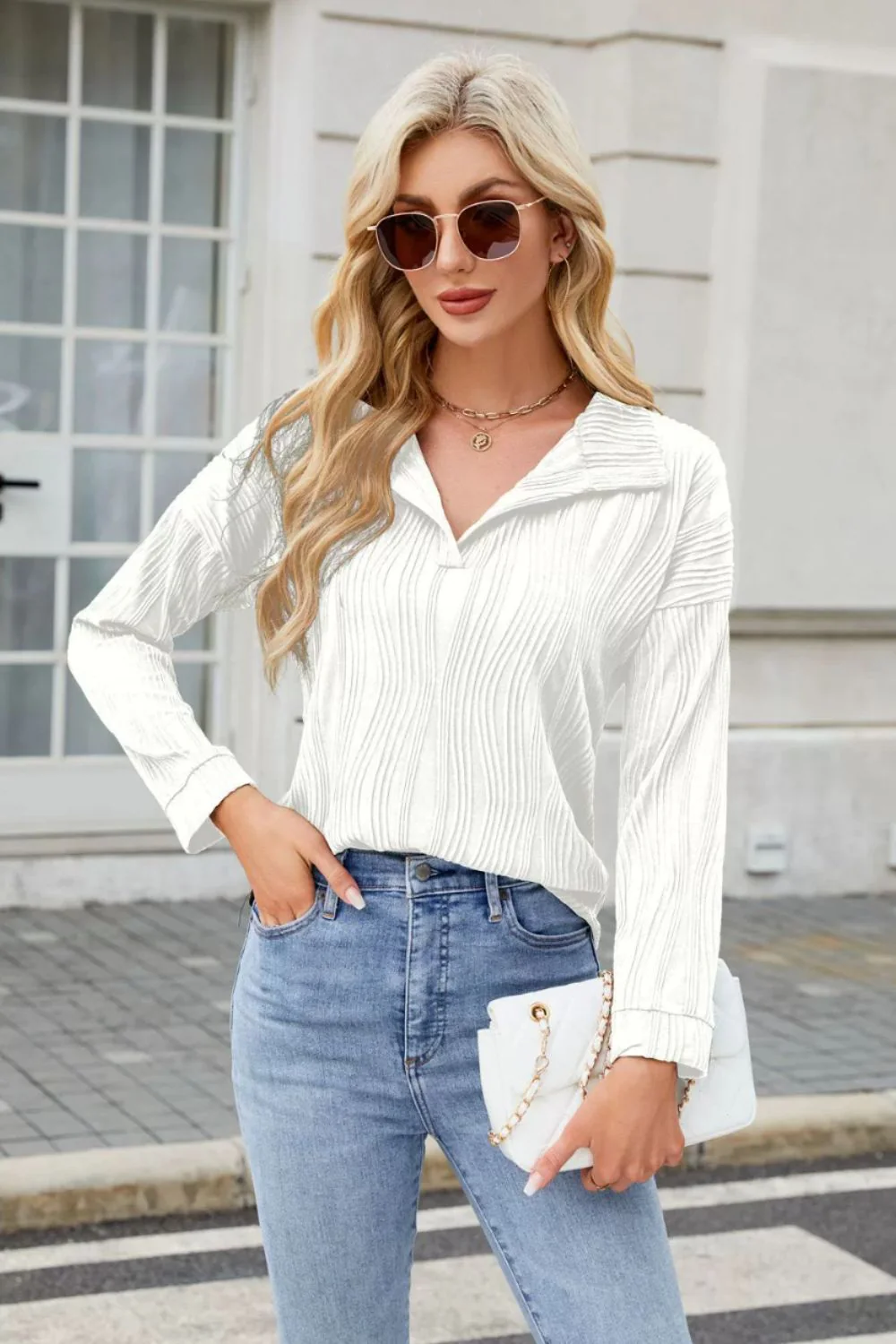Texture Collared Neck Long Sleeve Blouse - Image 6