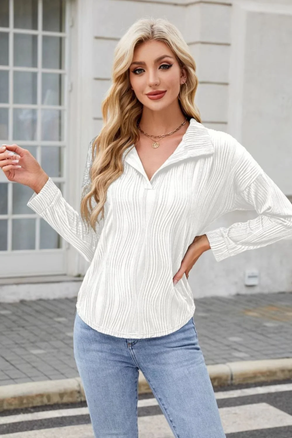 Texture Collared Neck Long Sleeve Blouse - Image 7