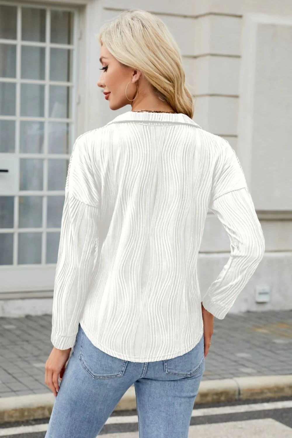 Texture Collared Neck Long Sleeve Blouse - Image 8
