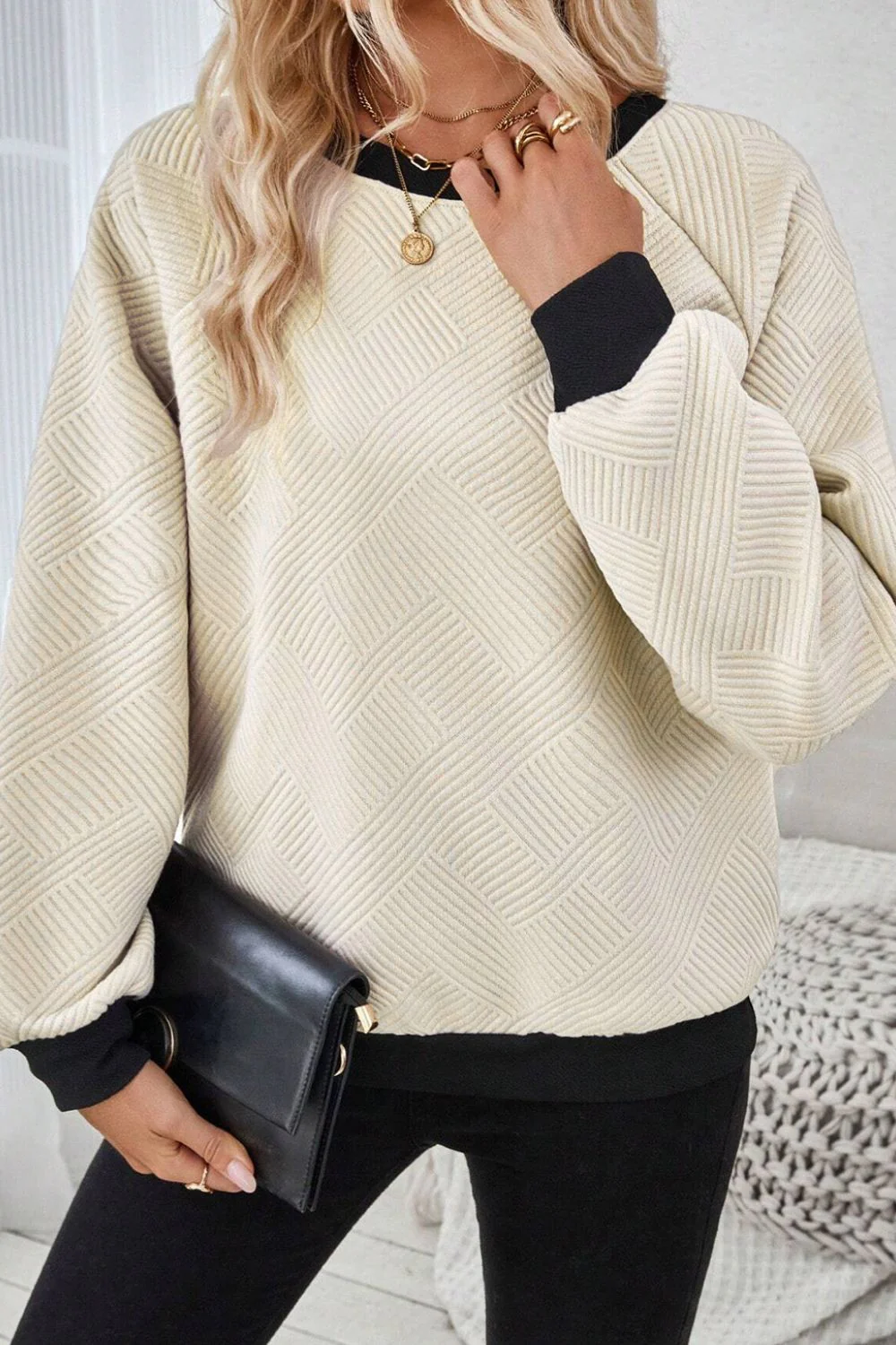 Texture Contrast Long Sleeve Sweatshirt - Image 2